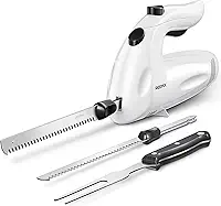 Reemix Conjunto de facas elétricas, facas elétricas potentes de 150 W para uso multiuso, operação com um toque, para carnes, aves, pão - 2 lâminas de entalhe e 1 garfo de servir incluídos