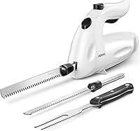 Reemix Conjunto de facas elétricas, facas elétricas potentes de 150 W para uso multiuso, operação com um toque, para carnes, aves, pão - 2 lâminas de entalhe e 1 garfo de servir incluídos
