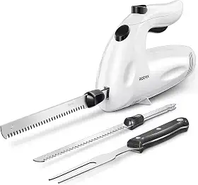Reemix Faca de entalhe elétrica, conjunto de facas elétricas potentes de 150 W para uso multiuso, operação com um toque, para esculpir carnes, aves, pão, 2 lâminas de entalhe e 1 garfo de servir