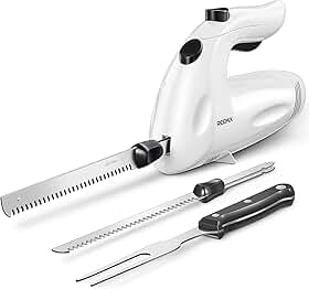 Reemix Conjunto de facas elétricas, facas elétricas potentes de 150 W para uso multiuso, operação com um toque, para carnes, aves, pão - 2 lâminas de entalhe e 1 garfo de servir incluídos