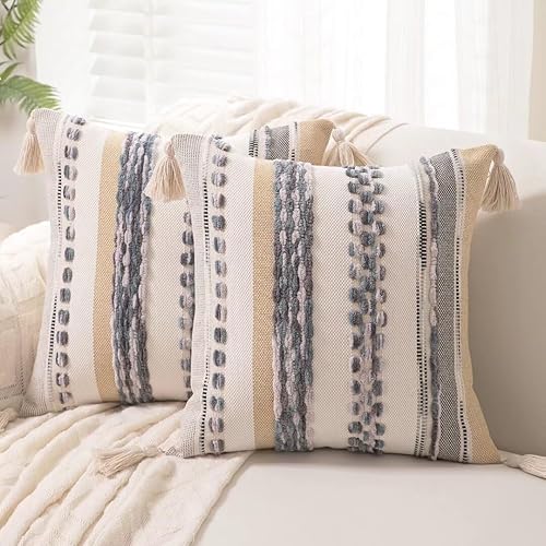 WANLIRD Juego de 2 fundas de almohada bohemias de 18 x 18 pulgadas, fundas de almohada tejidas con borlas y textura a rayas, fundas de cojín neutras