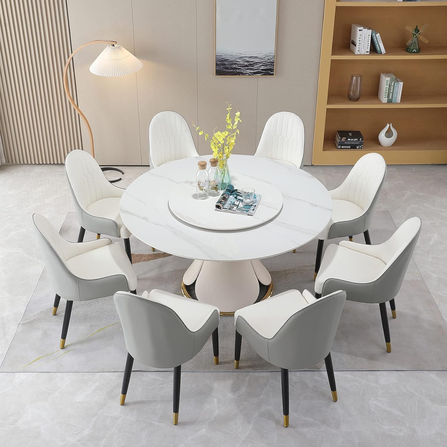 9Piece Dining Table Set with Turntable, Modern Dining Room Table with 8 Dining