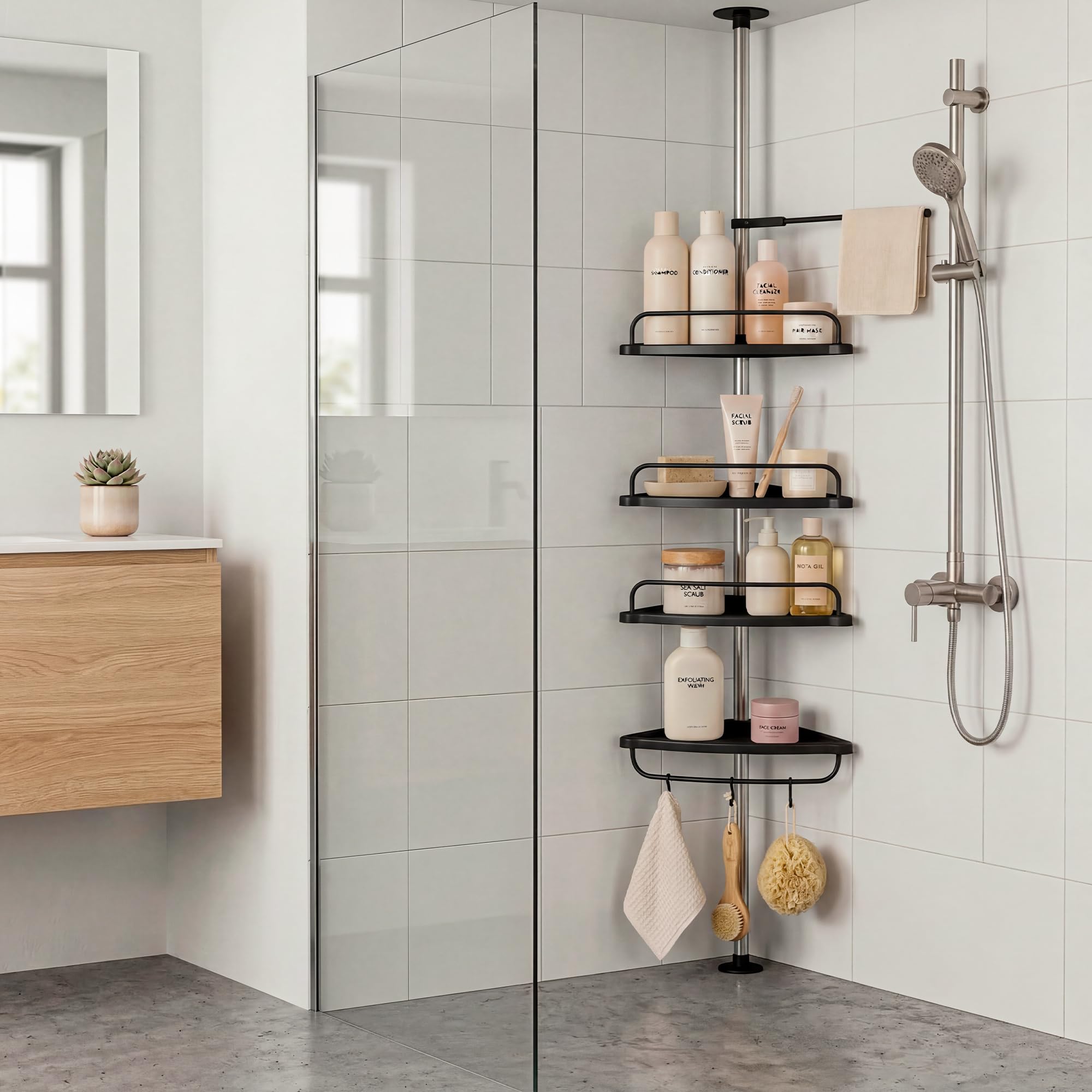Estanteria Telescopica de Baño Altura Ajustable 254cm Esquinero Plástico Metal sin Taladro 4 Baldas Negro