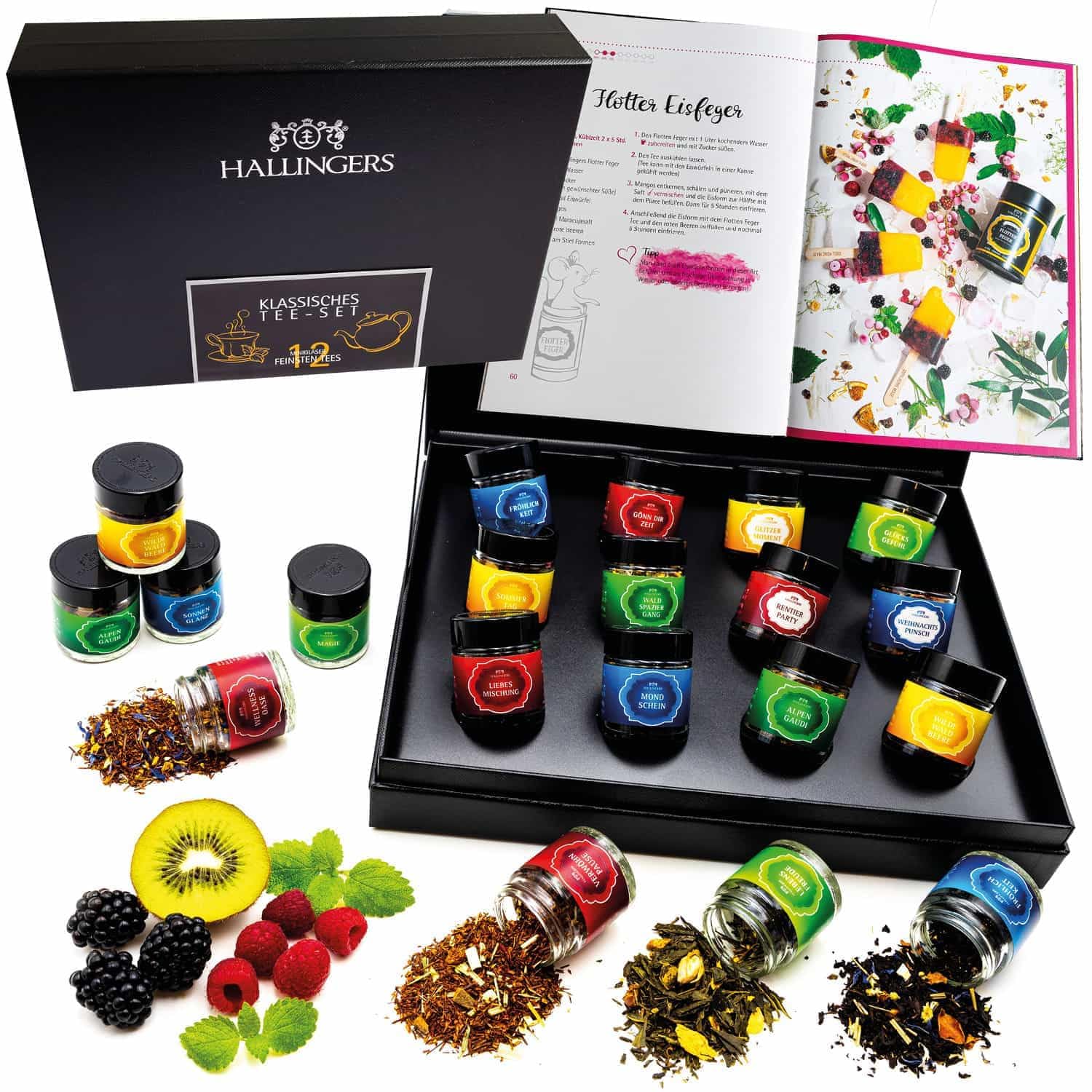 Hallingers Genuss Manufaktur Tee Geschenk-Set - 12 Sorten premium loser Tee Probierset in edler Geschenkbox mit Rezept-Booklet "Klassisches Tee...", Geschenkidee für Frauen Männer