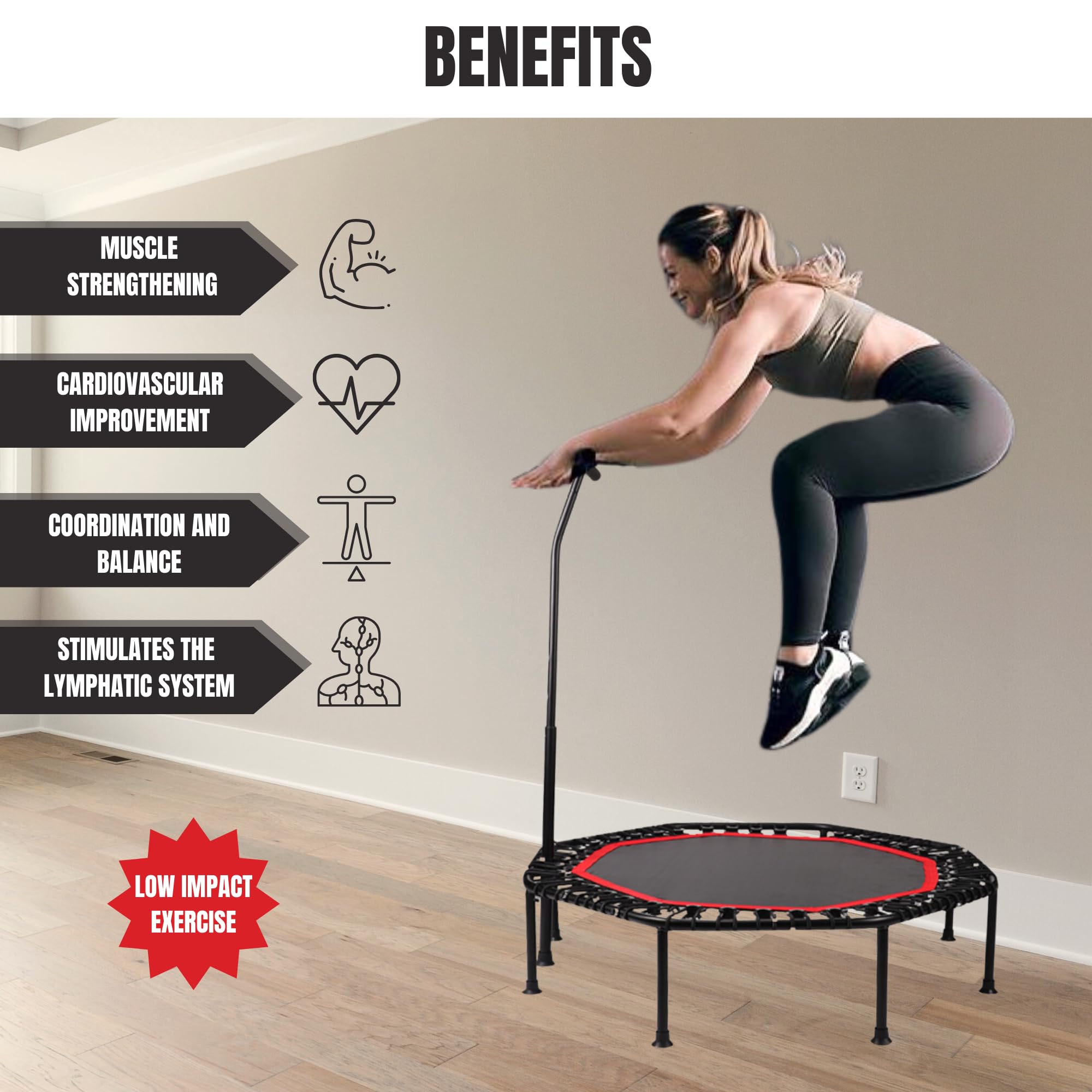 Trampolín Fitness Plegable Silencioso Ø90cm Octogonal con Apoyabrazos Ajustable para Adultos y Niños