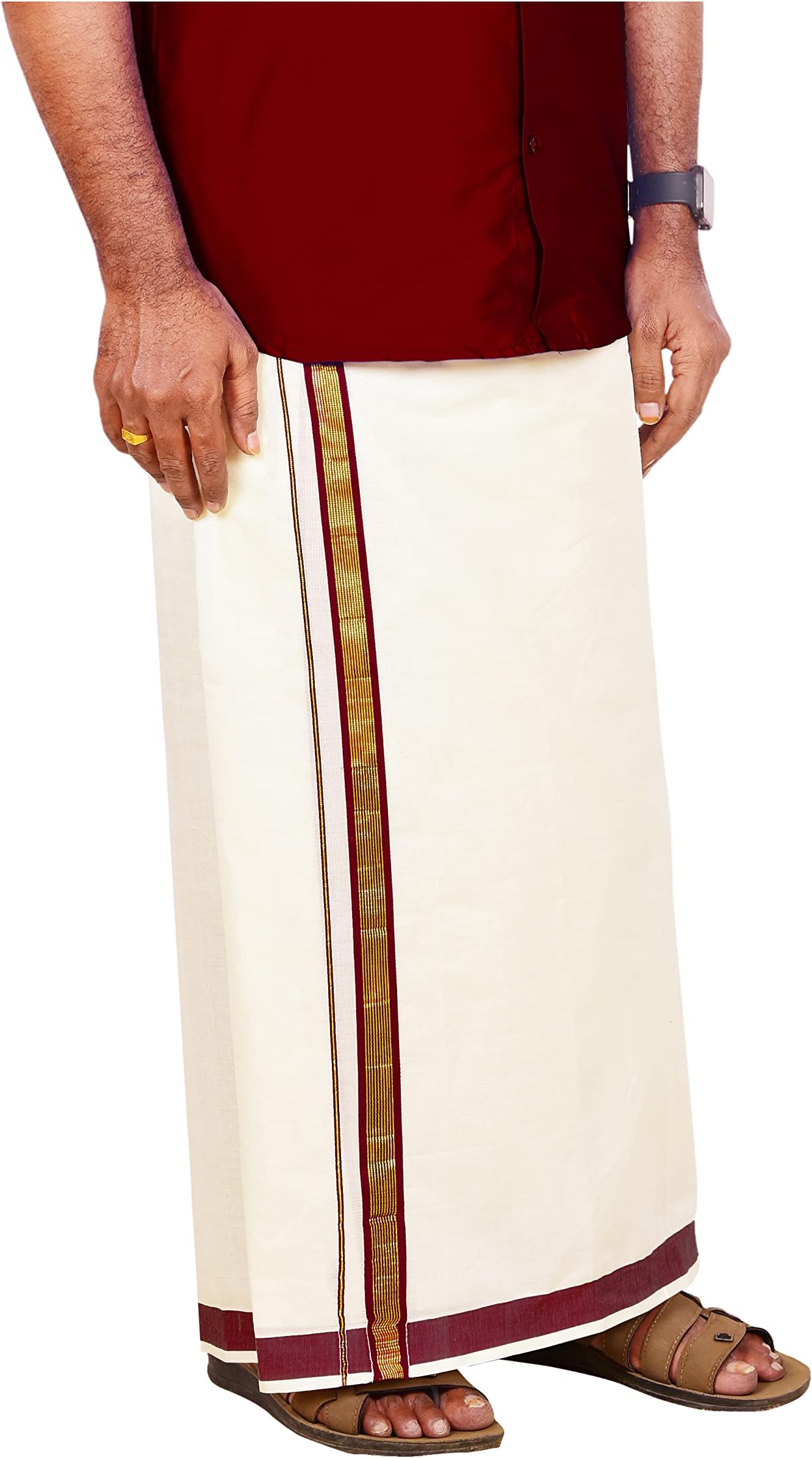 YETTALAN® Mens Gold Jari Line Border 100% Cotton Cream Dhoti 4.00 Meters Double Mundu/Vesti, MAROON, 4.00x1.25 Meters