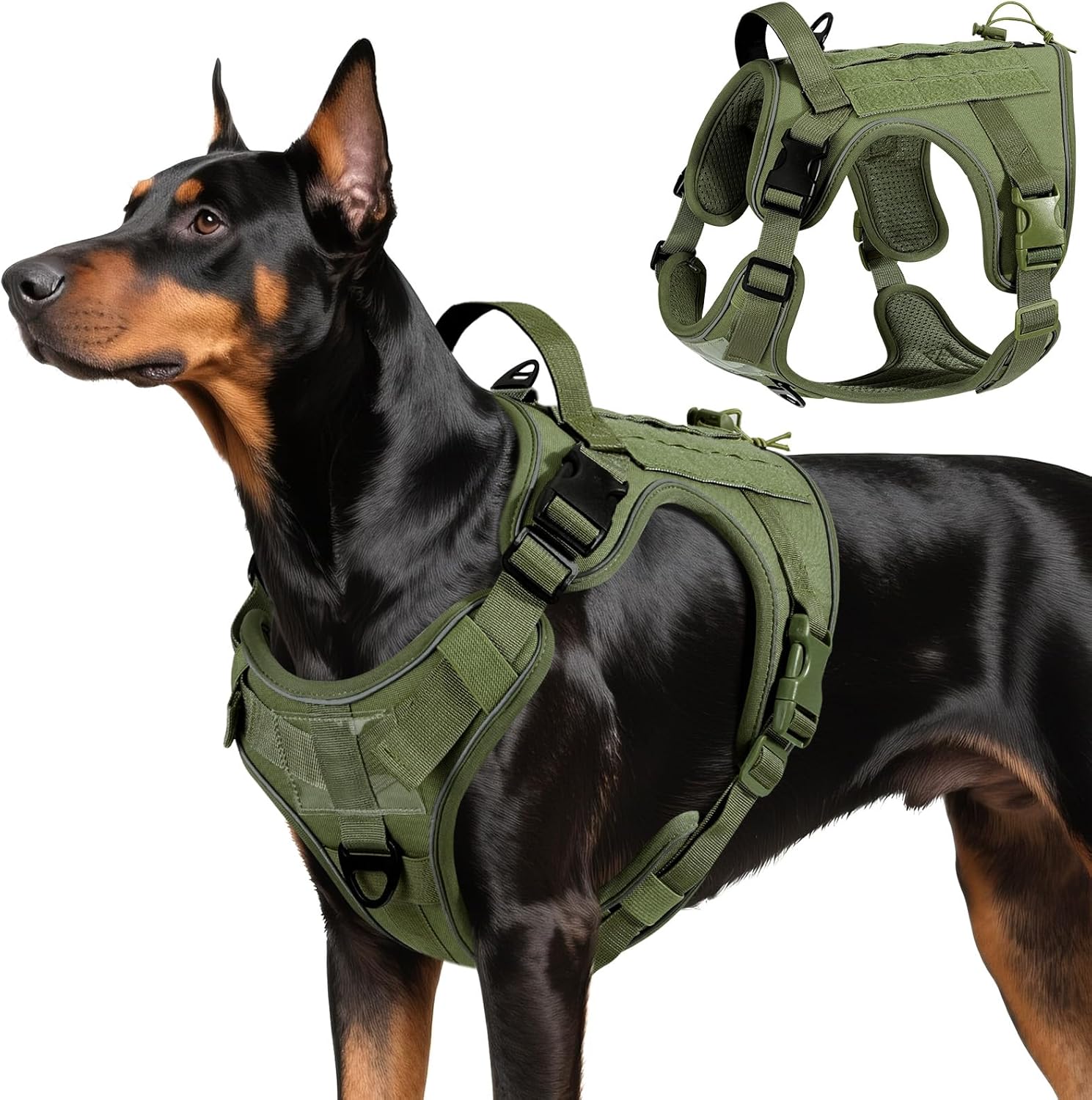 Taktisches Hundegeschirr, einfache Kontrolle und Anti-Zug-Hundegeschirr mit Molle-Panel und reflektierenden Streifen, taktische Weste für Hundetraining, Wandern, Jagd, Outdoor, Armeegrün, L