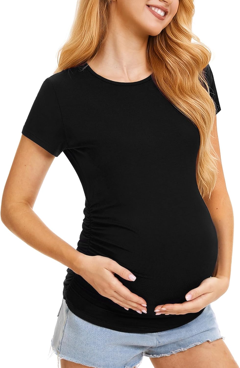 Maternity Shirts for Women – Crew Neck Maternity Top Short Sleeve