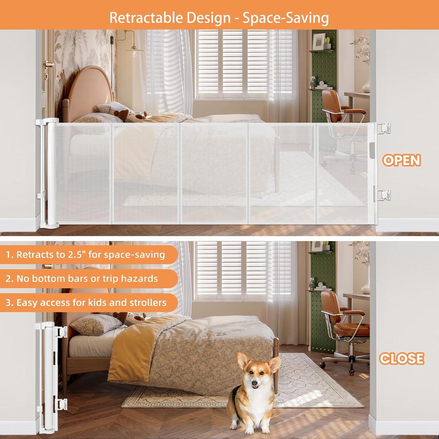 22 Inch Tall Retractable Baby Gates for Dogs, Easy Step Over Pet Gate Mesh Baby Gate Retractable Gates for Dogs, 55" Wide Reinforced Retractable Dog Gate Short Baby Gate Puppy Gates for Doorways/White