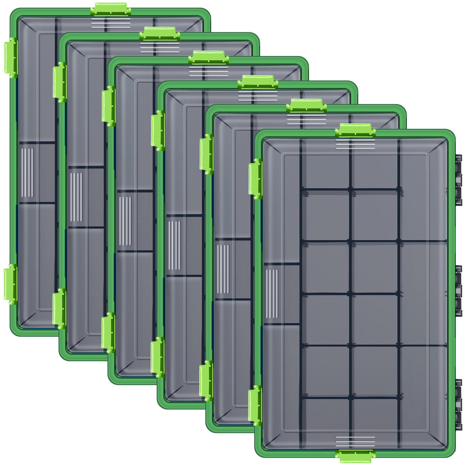 Wonderjune 6 Pack Fishing Tackle Boxes Waterproof 3600 and 3700 Tackle Trays with Removable Dividers Plastic Storage Organizer Bait Vault Camouflage Box for Freshwater Saltwater (Green,3700)