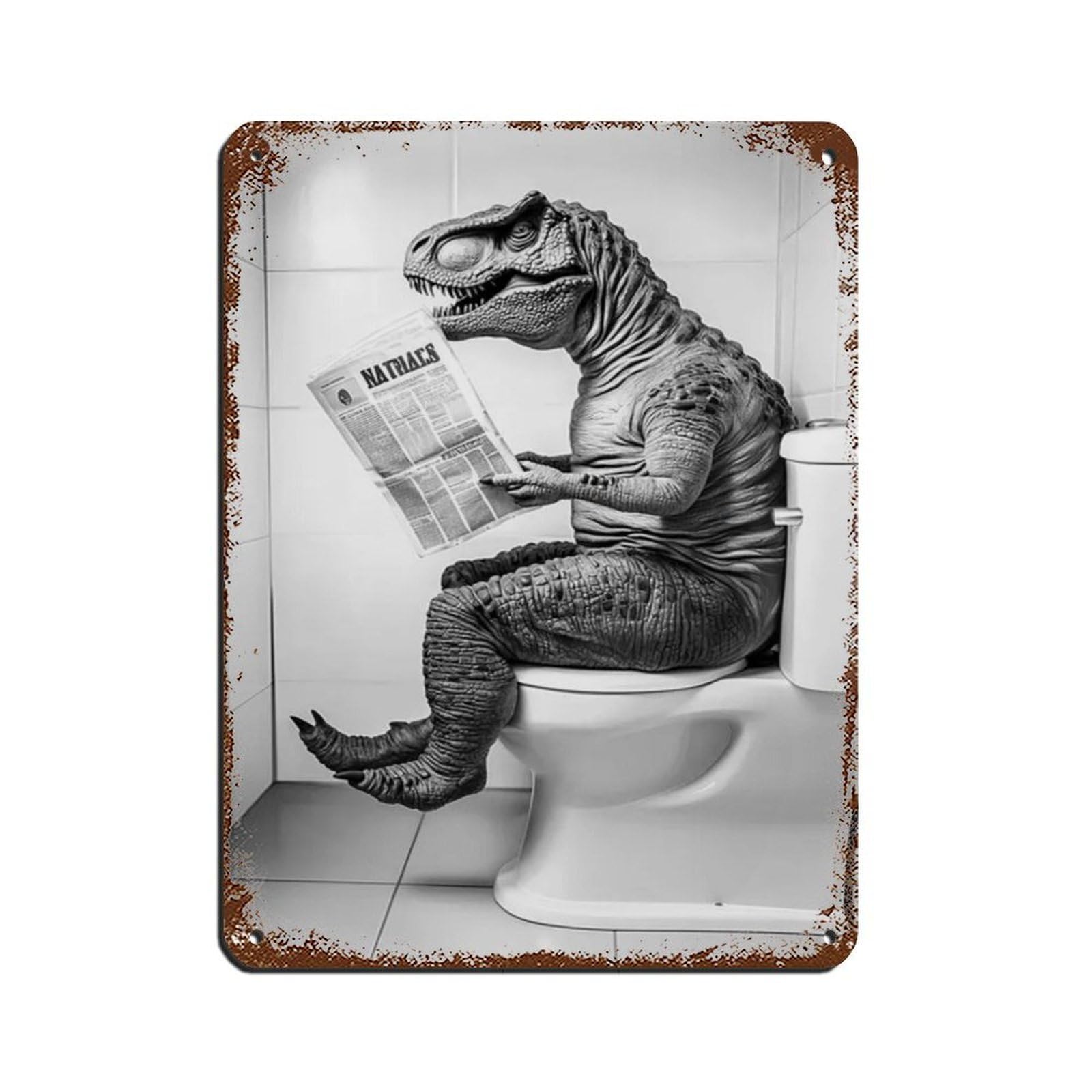 T-Rex Sitting on The Toilet Reading A Newspaper (4) Tin Sign Vintage Metal Pub Club Cafe Bar Home Wall Art Decoration Poster Retro 12x16inch(30x40cm)