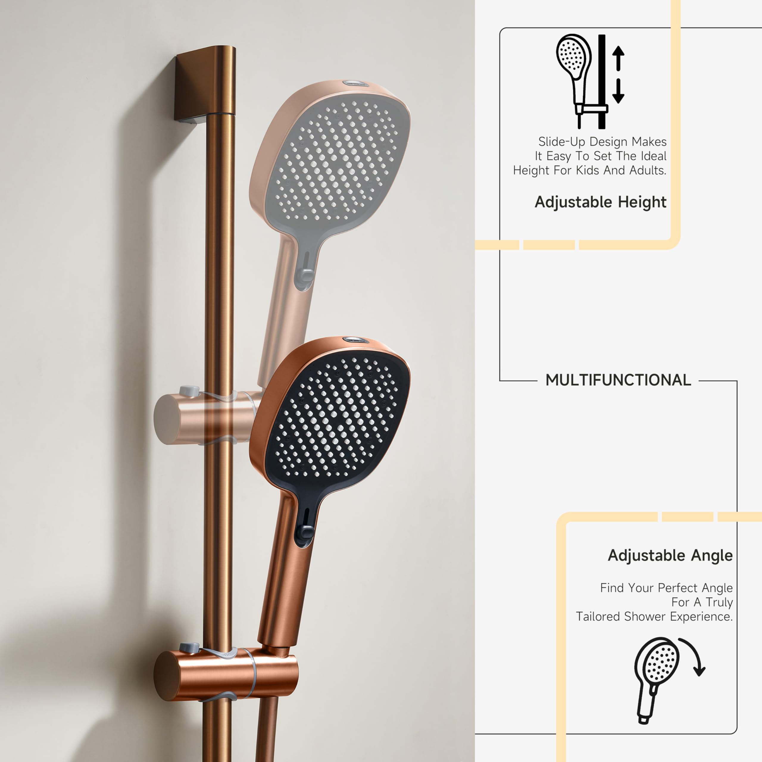 Colonna doccia,Set doccia con doccetta e bocca inferiore,Set doccetta con 2+1 tipi di getto,Doccia regolabile in altezza e angolazione,Oro rosa spazzolato Kit doccia completo