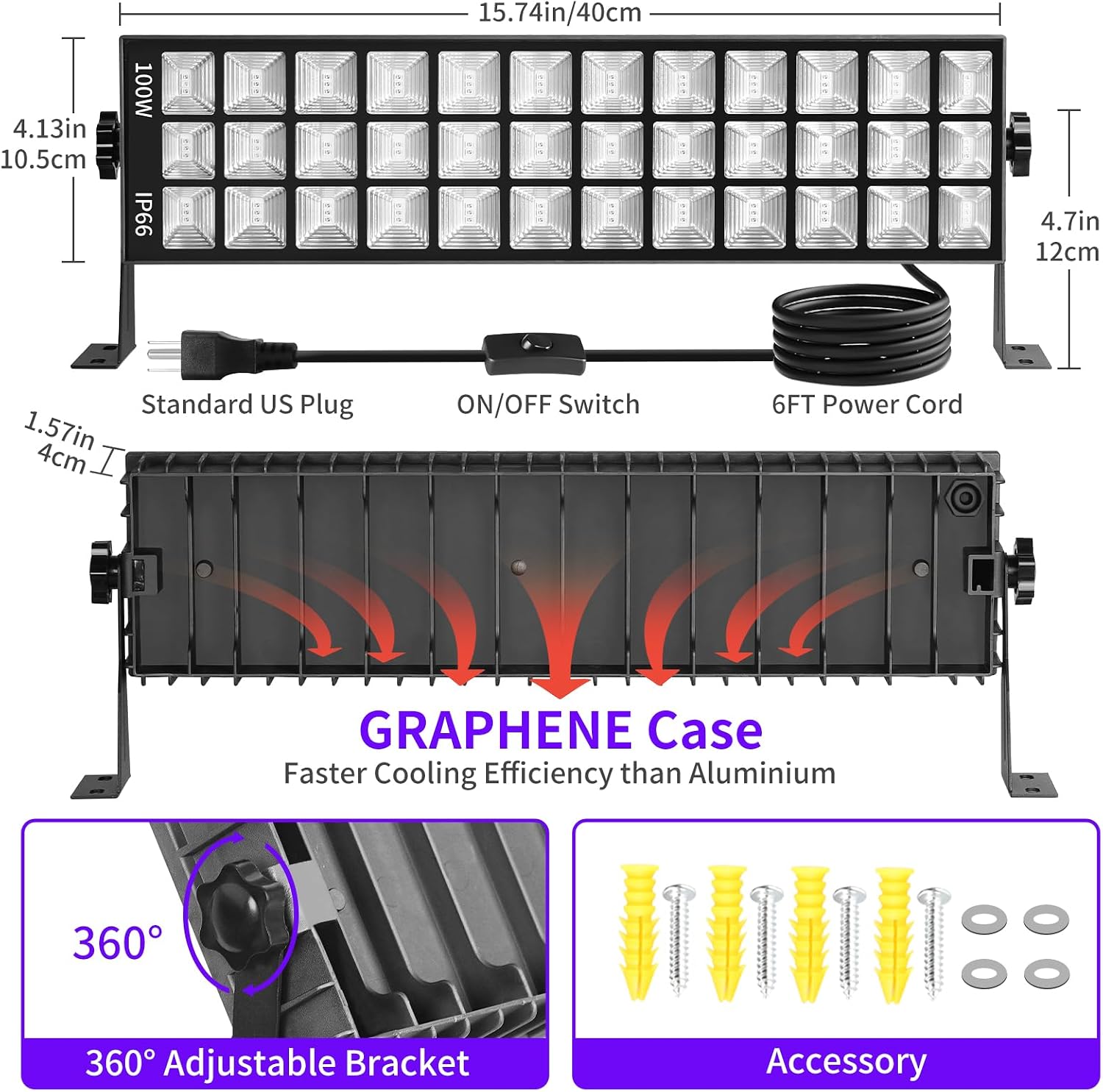 100W Black Light Bar IP66 Waterproof, LED Blacklight with Plug+Switch+6ft Cord, Indoor/Outdoor Black Lights, Light Up 1400 sq.ft, for Neon Glow Party Body Paint Fluorescent Poster Classroom Halloween