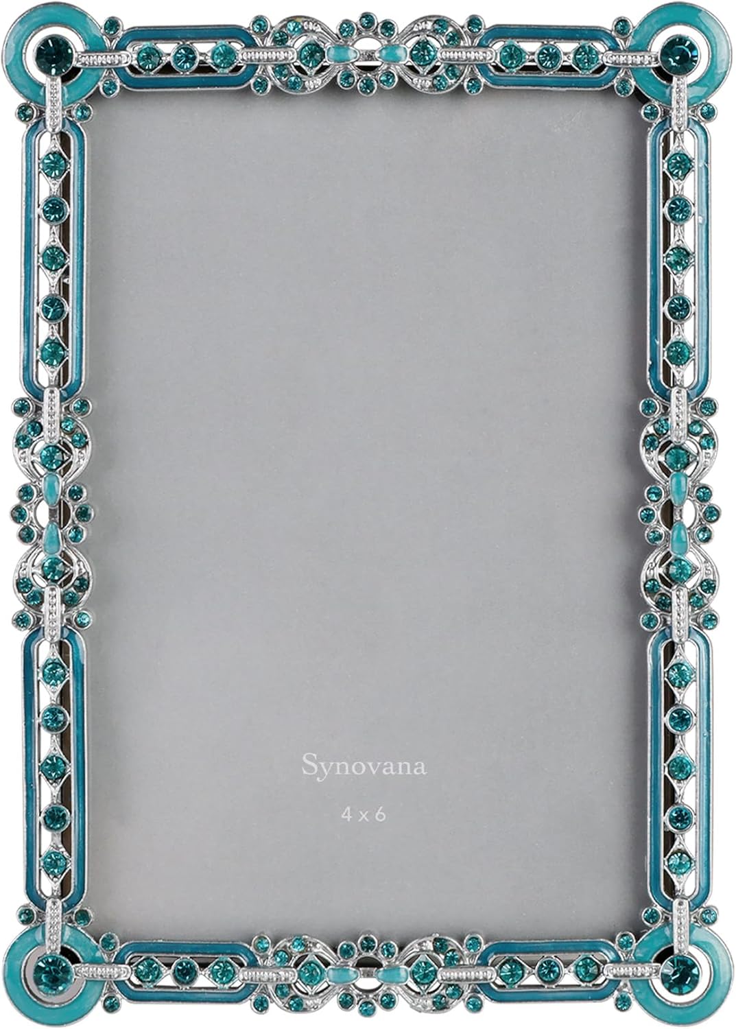 Romantic Jeweled 4x6 Photo Frame – Silver with Blue Crystal Accents, Ornate Vintage-Style Picture Frame for Tabletop Display Gift