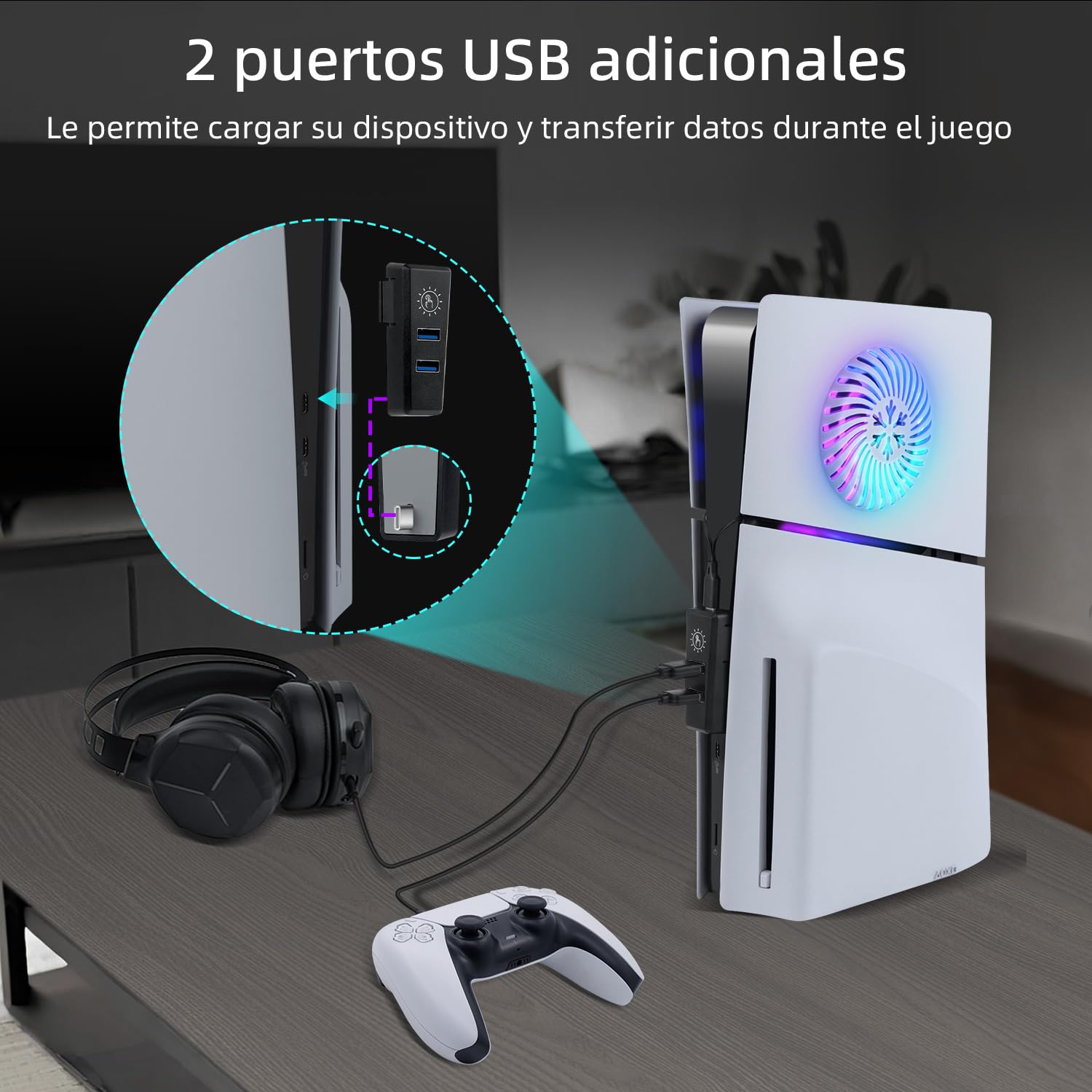 Mcbazel Tira de LED RGB con Placa Frontal de Reemplazo y Agujero de Refrigeración, Set de Accesorios con Hub USB para PS5 Slim Edición Disco/Digital – Blanco(No para PS5/PS5 Pro)