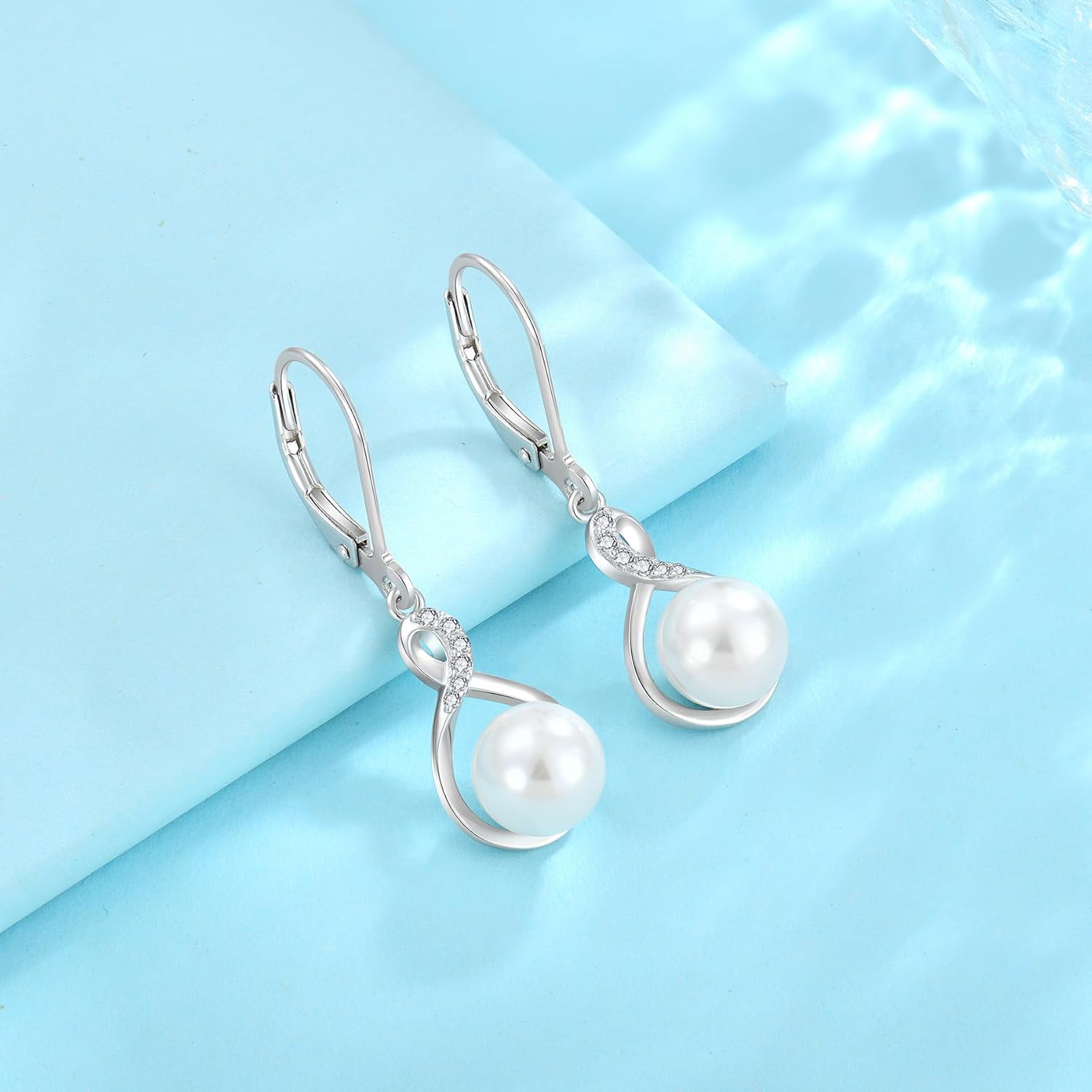 Pearl Earrings for Women 925 Sterling Silver Infinity Dangle Drop Earrings Pearl Jewelry
