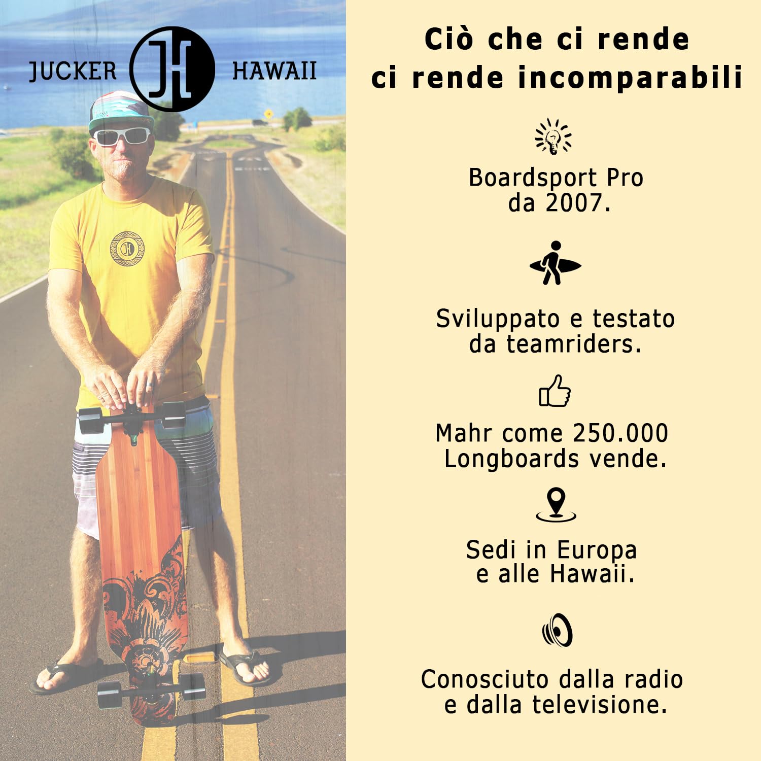 JUCKER HAWAII Longboard Skateboards - Freeride Cruiser Boards costruzione in fibra di vetro di bambù - per Principianti e Professionisti