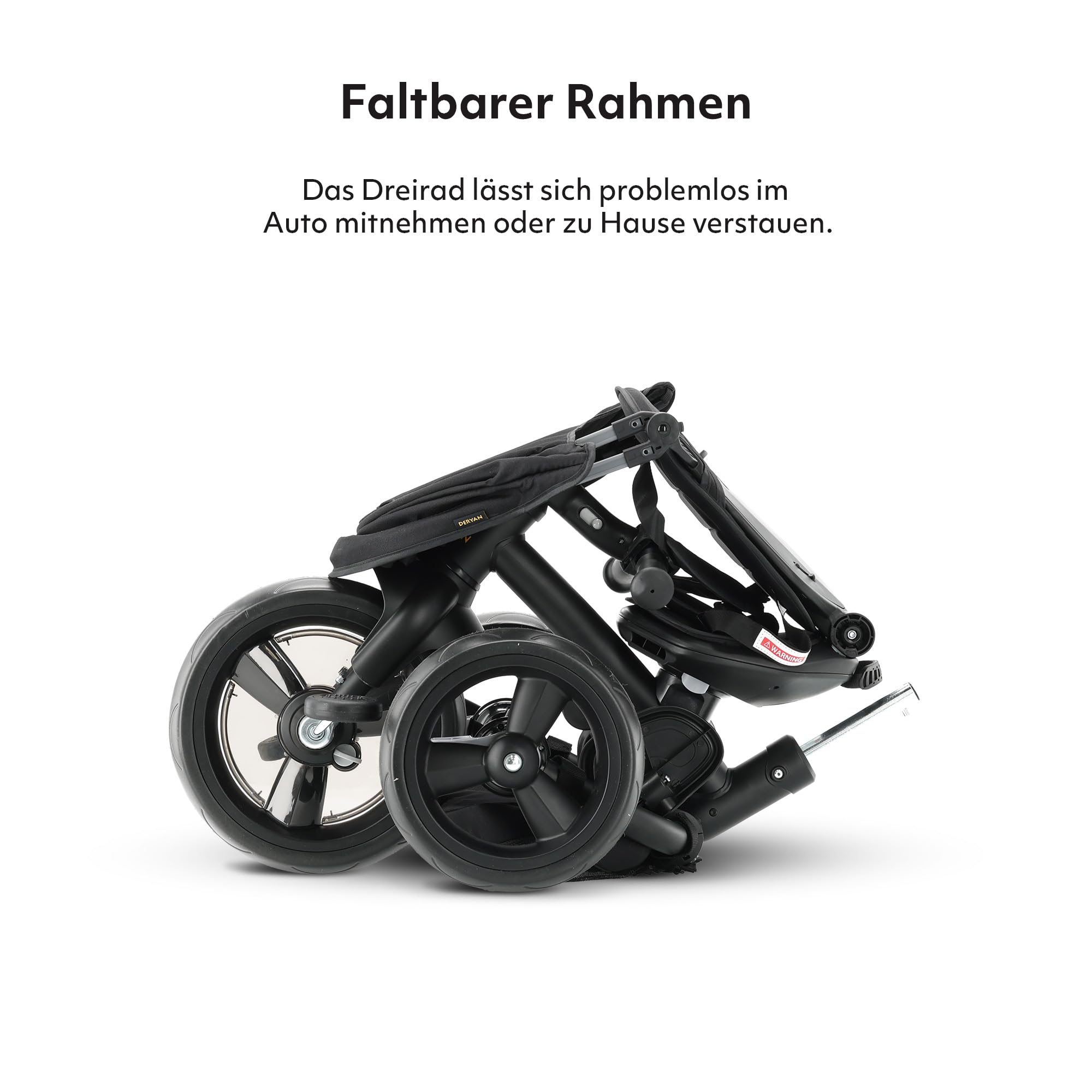 Deryan Explorer Dreirad ab 9 Monate bis 25 kg - Kinderdreirad mit schubstange - Kompakte zusammenklappen - drehbarer Sitz Vorwärts und Rückwärtsfahrt - ausklappbarem Verdeck mit sonnenschutz - Schwarz