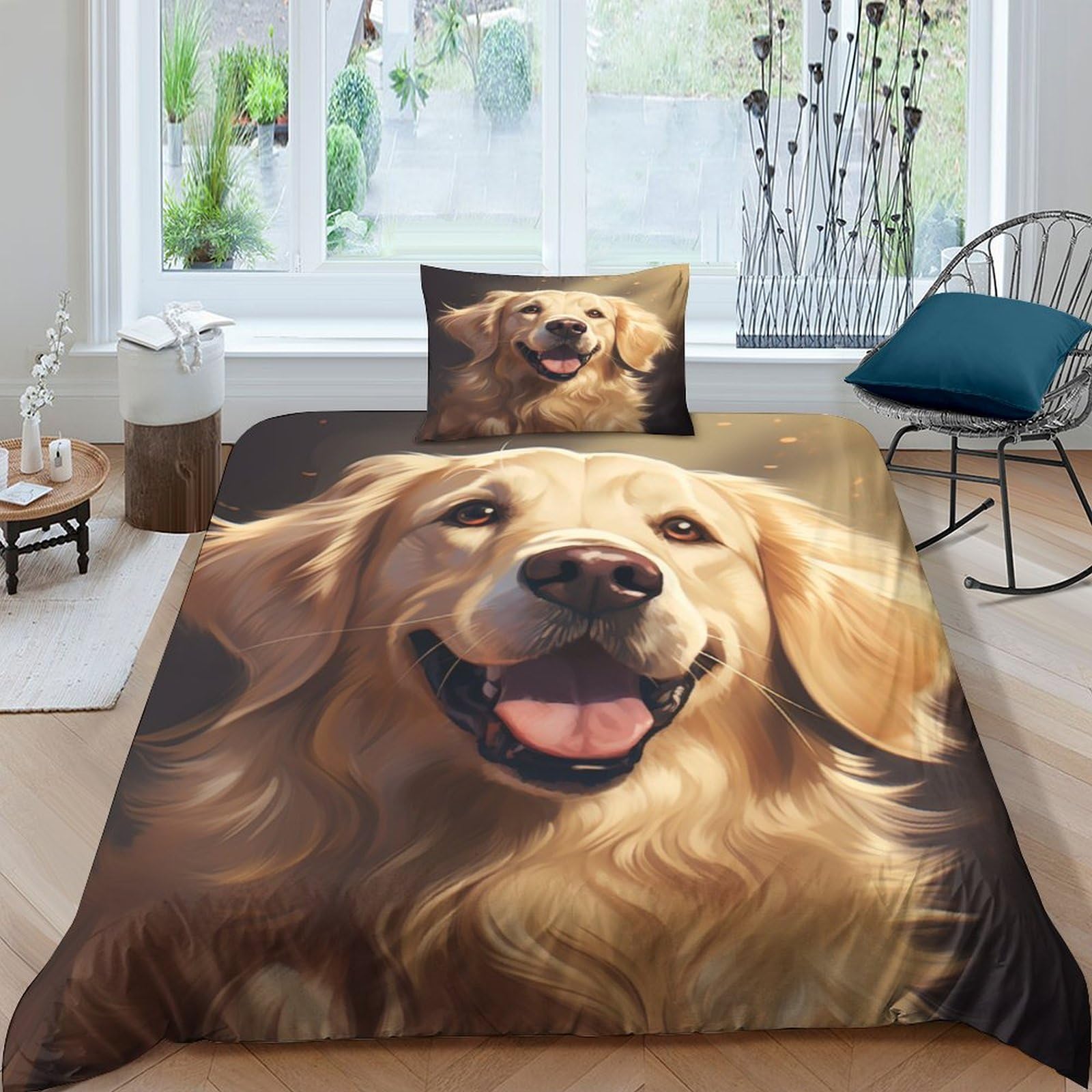 Housse de couette 135x200 Golden Retriever en microfibre hypoallergénique avec taies d'oreiller