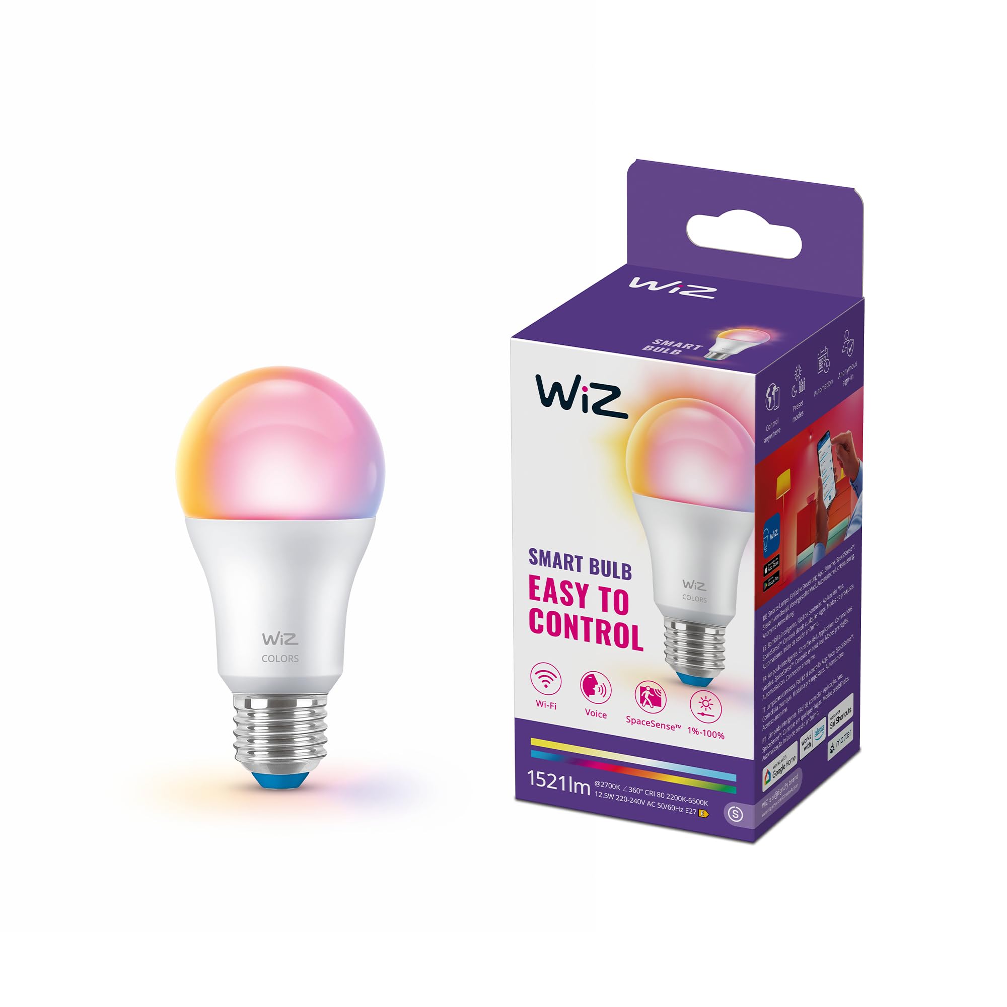 WiZ Smart LED A60 Bulb, Tunable White and Full Color, E27 Base, 100W Equivalent, 2200-6500K, 1521 Lumens, Dimmable, Works with Alexa, Google Assistant, and Apple HomeKit, 1 Pack