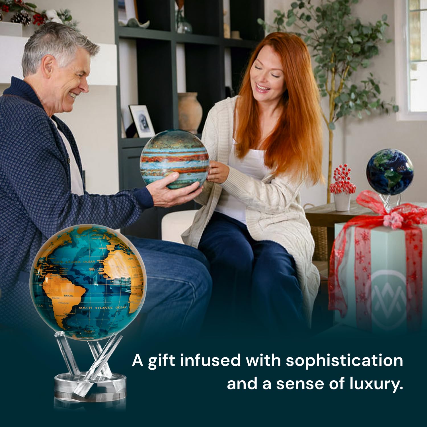 MOVA Globes Blu Ceruleo e Oro Signature (6") | Mappamondo Auto-Rotante a Energia Luminosa |Silenzioso, Senza Batterie né Fili |Decorazione da Scrivania o Idea Regalo Globo Spazio