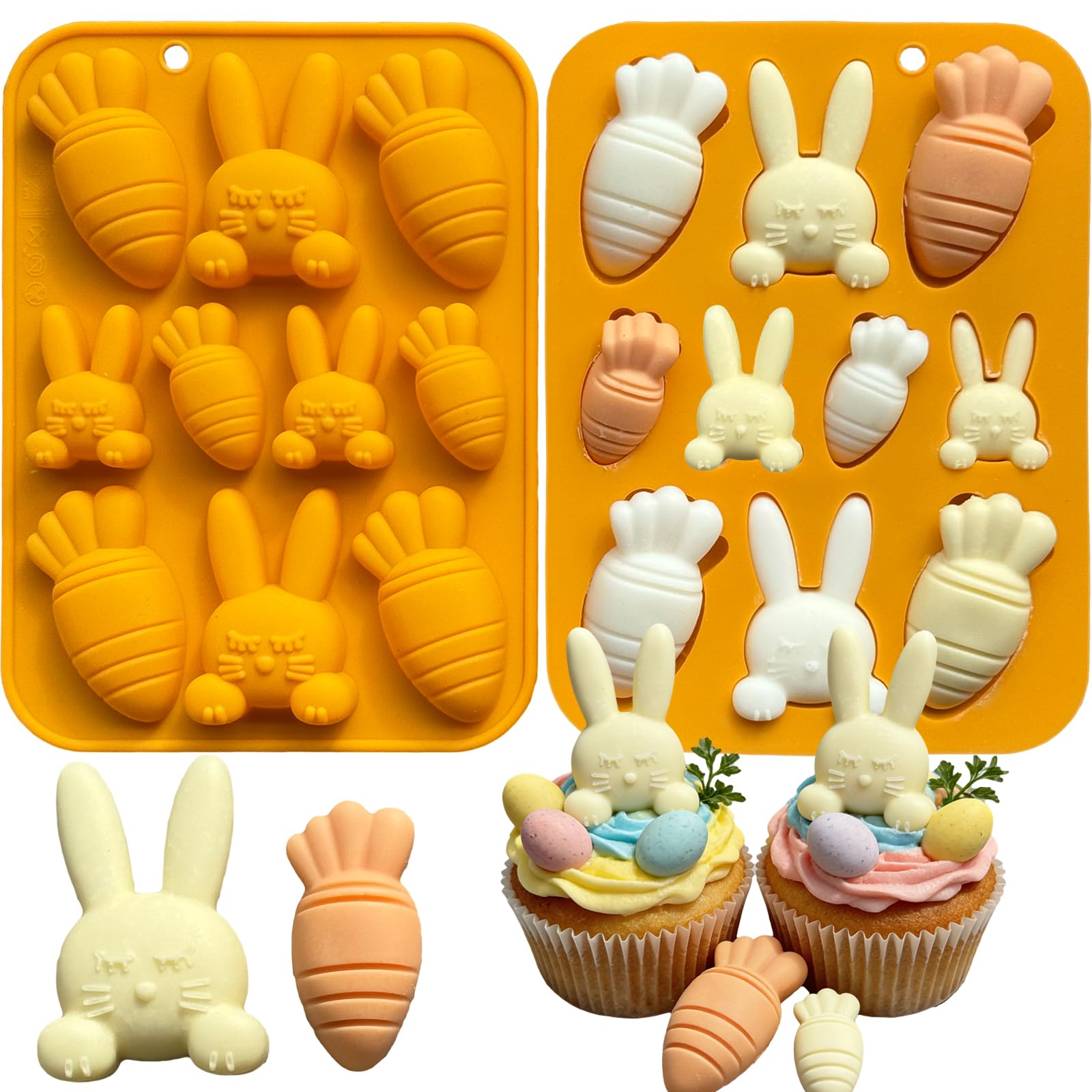2-Pack Easter Bunny Carrot Silicone Mold, 3D Easter Chocolate Molds Carrot Candy Ice Mold Food Grade Non-Stick Silicone Molds for Candy, Jelly, Fondant, Resin, Candle Making
