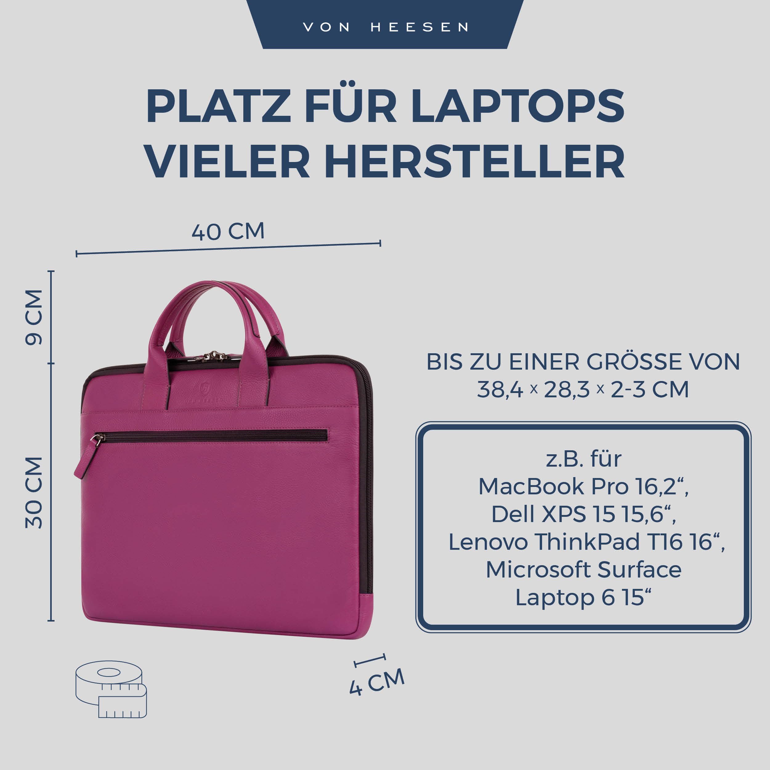VON HEESEN Leder Aktentasche Laptoptasche bis 16 Zoll aus hochwertigem Nappa-Leder