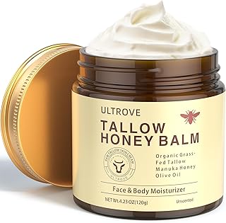 Bálsamo de sebo y miel para cara y cuerpo, crema hidratante de sarga de res alimentada con pasto natural con aceite de oliva y miel de manuka para piel seca y sensible (4.23 onzas)