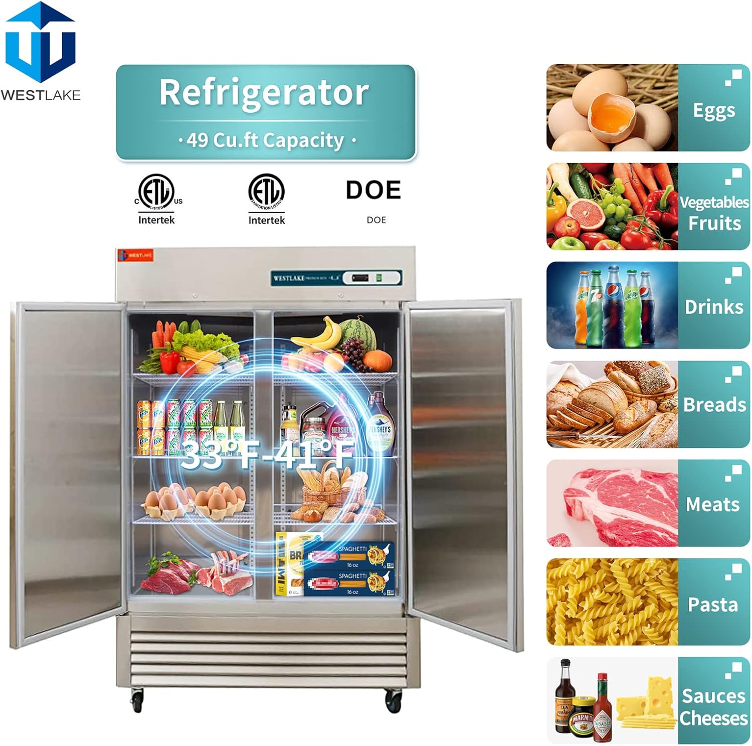 WESTLAKE Commercial Refrigerator 54" W 49 Cu.ft Stainless Steel Reach in Solid door Upright Fan Cooling 2 door 2 Section Cooler for Restuarant, Bar, Shop, etc