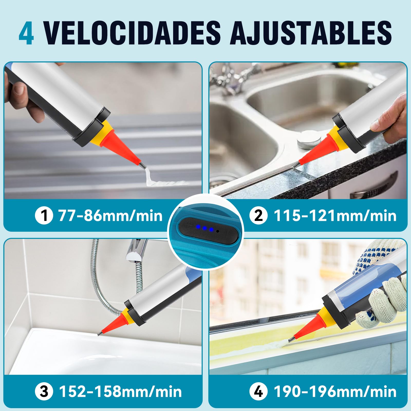 Yofidra Pistola de Cartuchos Eléctrica, Batería 2 x 2.0Ah, 4 Velocidades, Iluminación LED, Pistola para Cartuchos de Silicona, Pistola para Cartuchos de 300ml, Sello, Masillado, Sin Fugas | Iluminación LED, pistola de silicona para cartuchos de 300 ml, pa