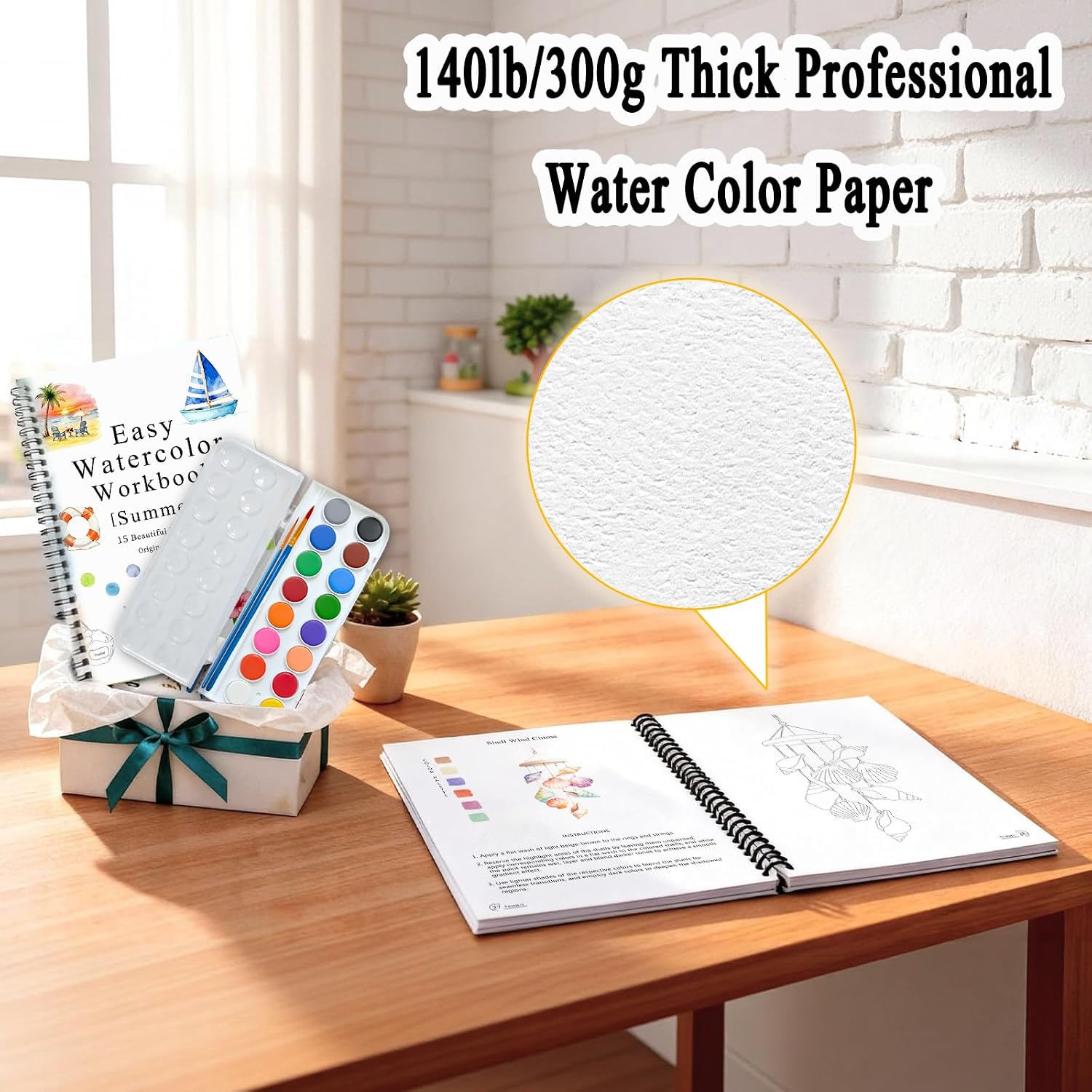 SLWBZ All-in-One Watercolor Workbook Kit - Beginner Friendly Art Set with 16 Colors, 2 Brushes & 15 Pre-Sketched Thick Watercolor Paper Pages - Creative Exploration & Stress Relief Gift (Summer)
