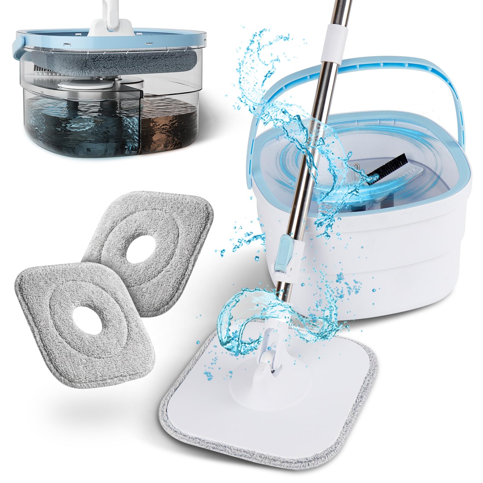 Set de Mopa Plana con Cubo, Doble Compartimento para Separar Agua Limpia y Sucia, Mango Telescópico y 2 Almohadillas de Microfibra, para Limpieza en Seco y Húmedo