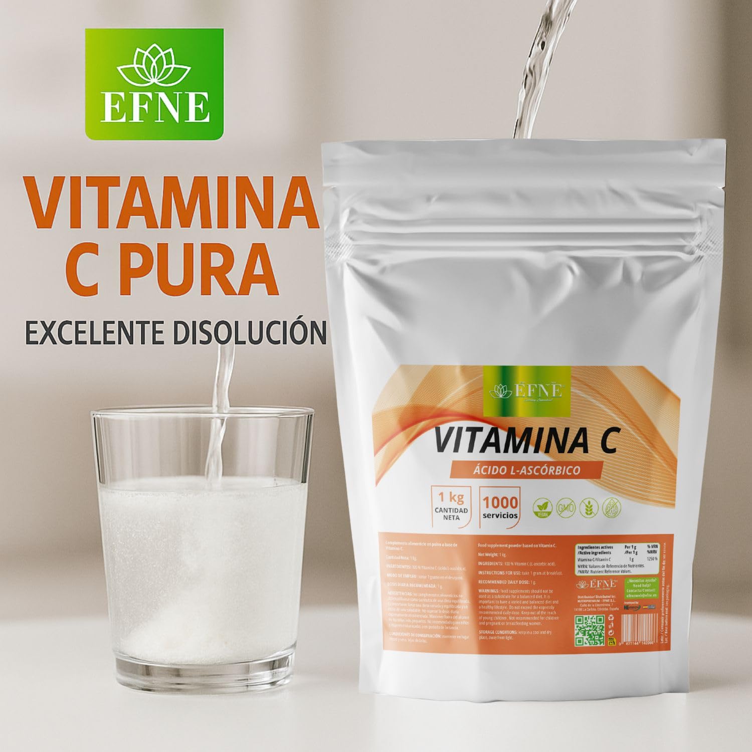 EFNE | Vitamina C Acido L-Ascórbico en polvo 1KG | Vegano | Vitamina C en polvo pura, sin aditivos ni ingredientes añadidos | 1000 Gramos | 1000mg por porción | Dosis alta