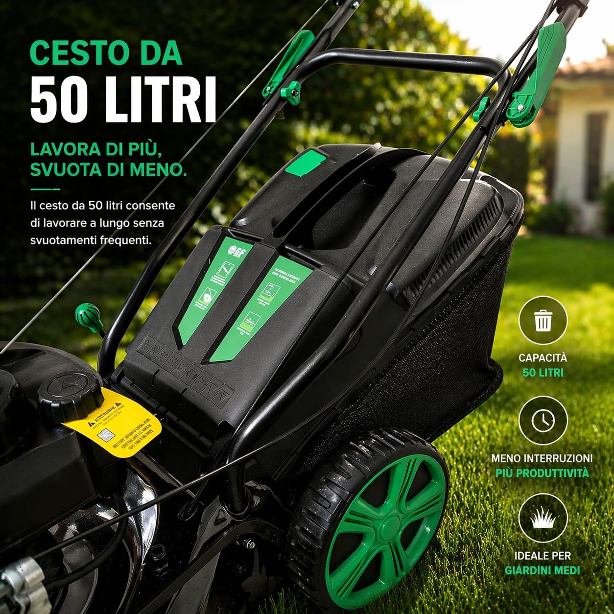 Tosaerba Rasaerba Semovente a Scoppio Motore 4 Tempi 146cc 3KW Taglio 46cm a Trazione 4 in 1 Mulching Raccolta Scarico Laterale Posteriore Regolazione Altezza di Taglio a 7 Livelli 25-70 mm Giardino