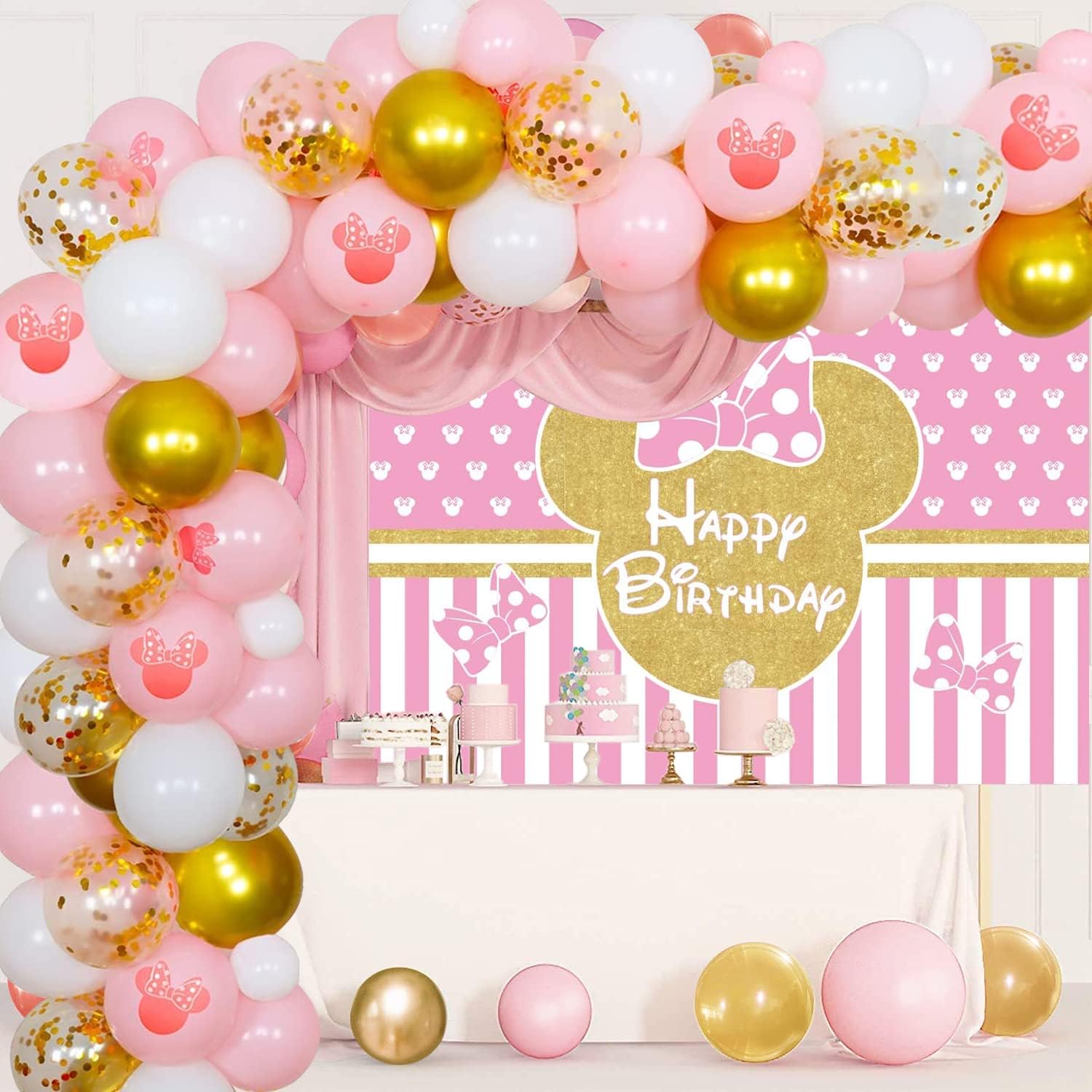 DASIAUTOEM Minnie Balloons, Minnie Mouse Themed Balloon Garland Arch Kit, Pink Gold Minnie Photo Background, Birthday Decoration for Girls, Christmas Party Decorations
