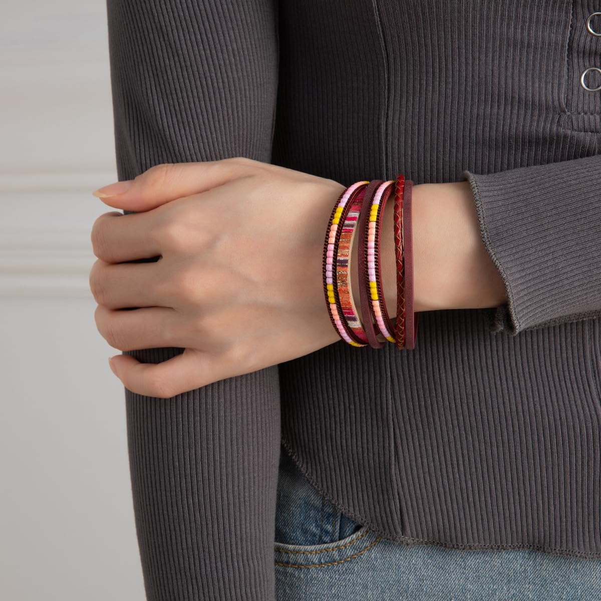 Rantanto Boho Braided Leather Wrap Bracelet Trendy Layered Cuff Bracelets Bohemian Stackable Fashion Bracelet Jewelry For Women - Image 3