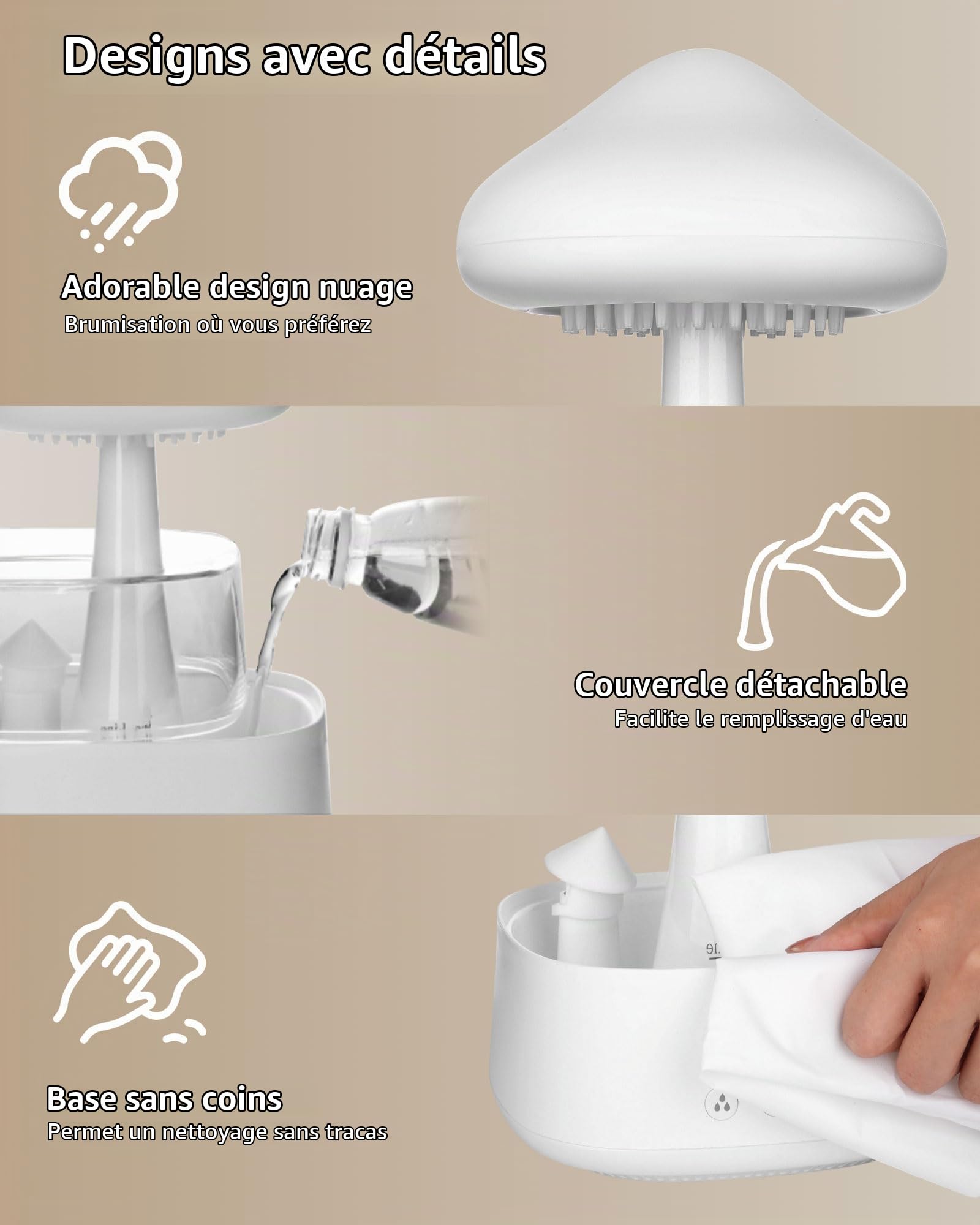 Humidificateur Ultra-Silencieux de 450 Millilitres, Doté de 3 Modes de Brouillard Pluvieux et de 7 Effets RGB, Adapté à la Chambre à Coucher, la Maison, le Bureau et la Chambre Bébé (CH08 Blanc)