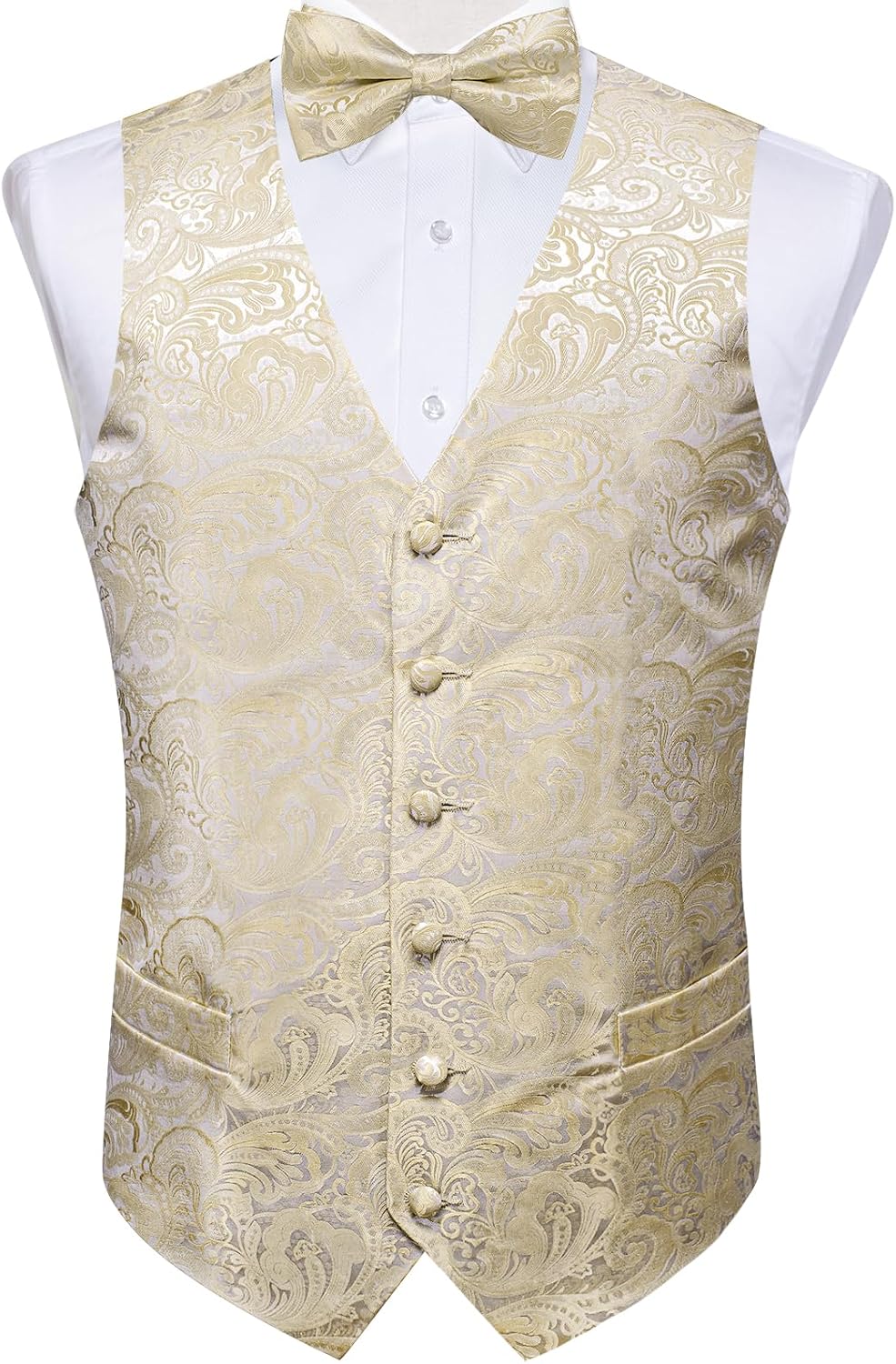 DiBanGu Mens Silk Vest and Bowtie Set 5PC Formal Jacquard Paisley Dress Waistcost Pre-tied Bowtie Tuxedo Wedding Party