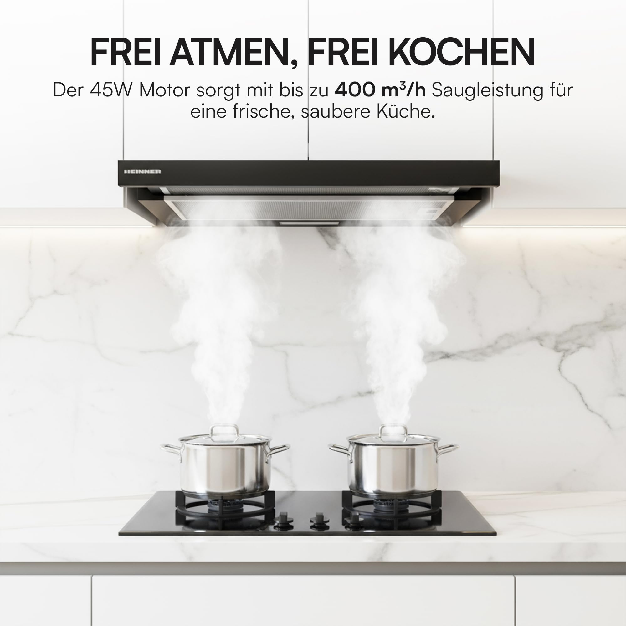 HTCH-MD400IX 60 cm Teleskop-Unterbau-Dunstabzugshaube 400 m³/h LED-Beleuchtung Silber Waschbare Filter