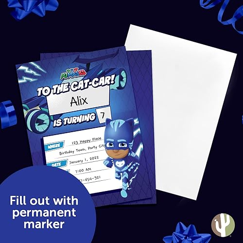 Miniatura 5 de Desert Cactus PJ Masks Invitations - Tarjetas de invitaciones de fiesta para niños y niñas, 10 unidades con sobres, feliz cumpleaños (estilo C)