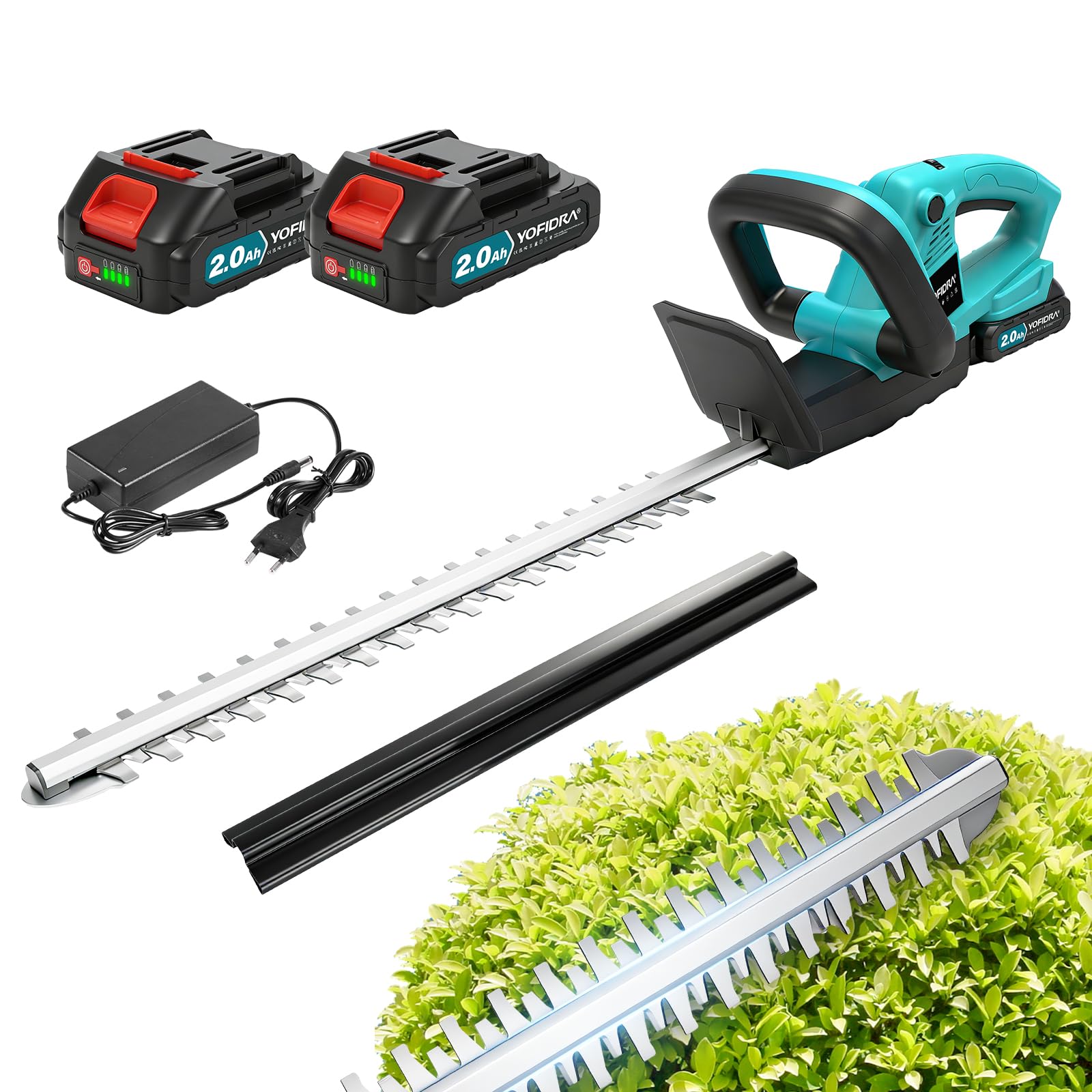 Yofidra Cortasetos con batería, 3300 rpm, 5 velocidades | Cortasetos eléctrico con cuchillas de 54 cm de largo, 2 baterías de 2000 mAh, ligeras para podar en jardín y arbustos
