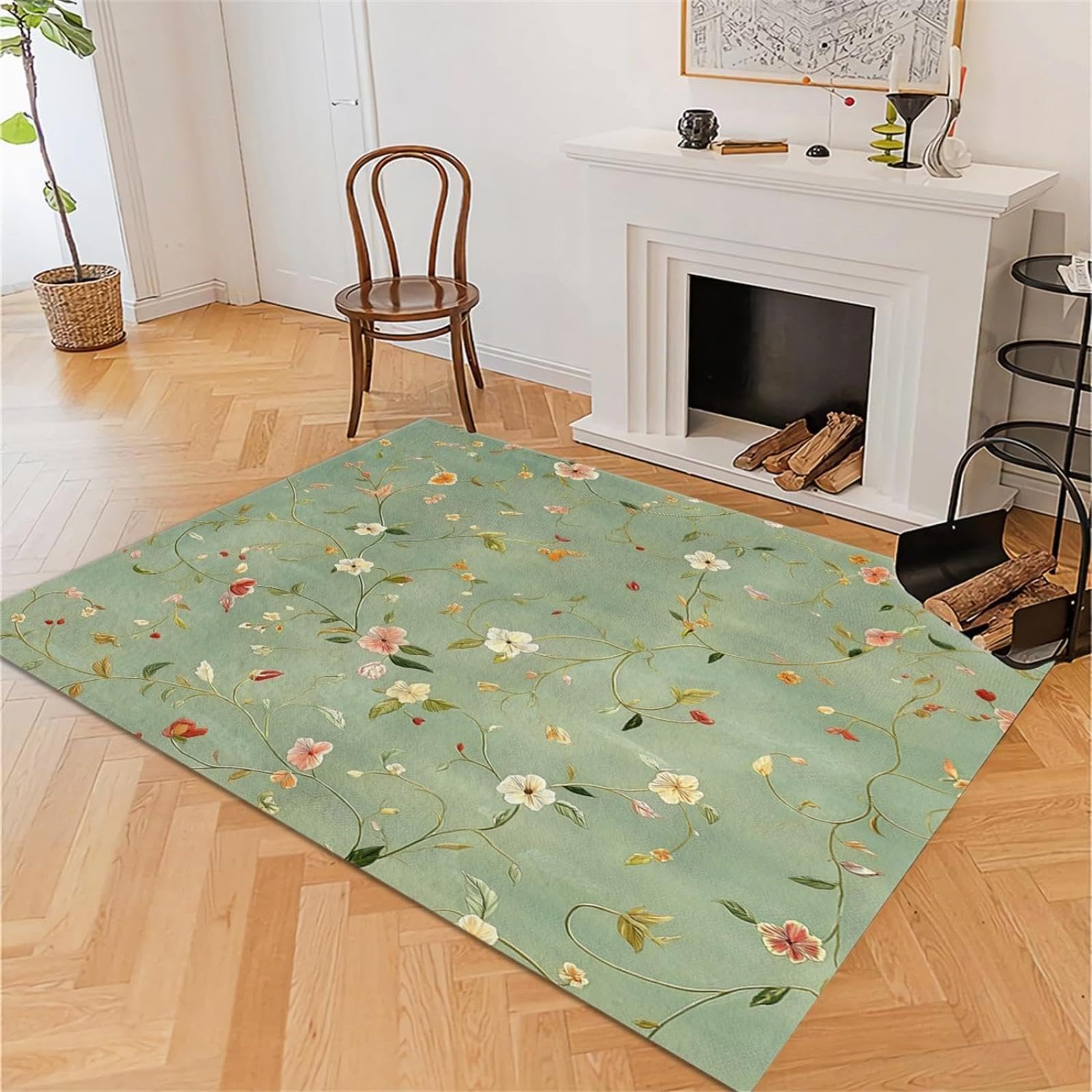 Tappeto antiscivolo Elegante trama floreale, tappeti lavabili Soggiorno Camera da letto 120x150cm Fiori e viticci Tappeti soffici a pelo corto, Decorazione tappeto per bambini verde salvia