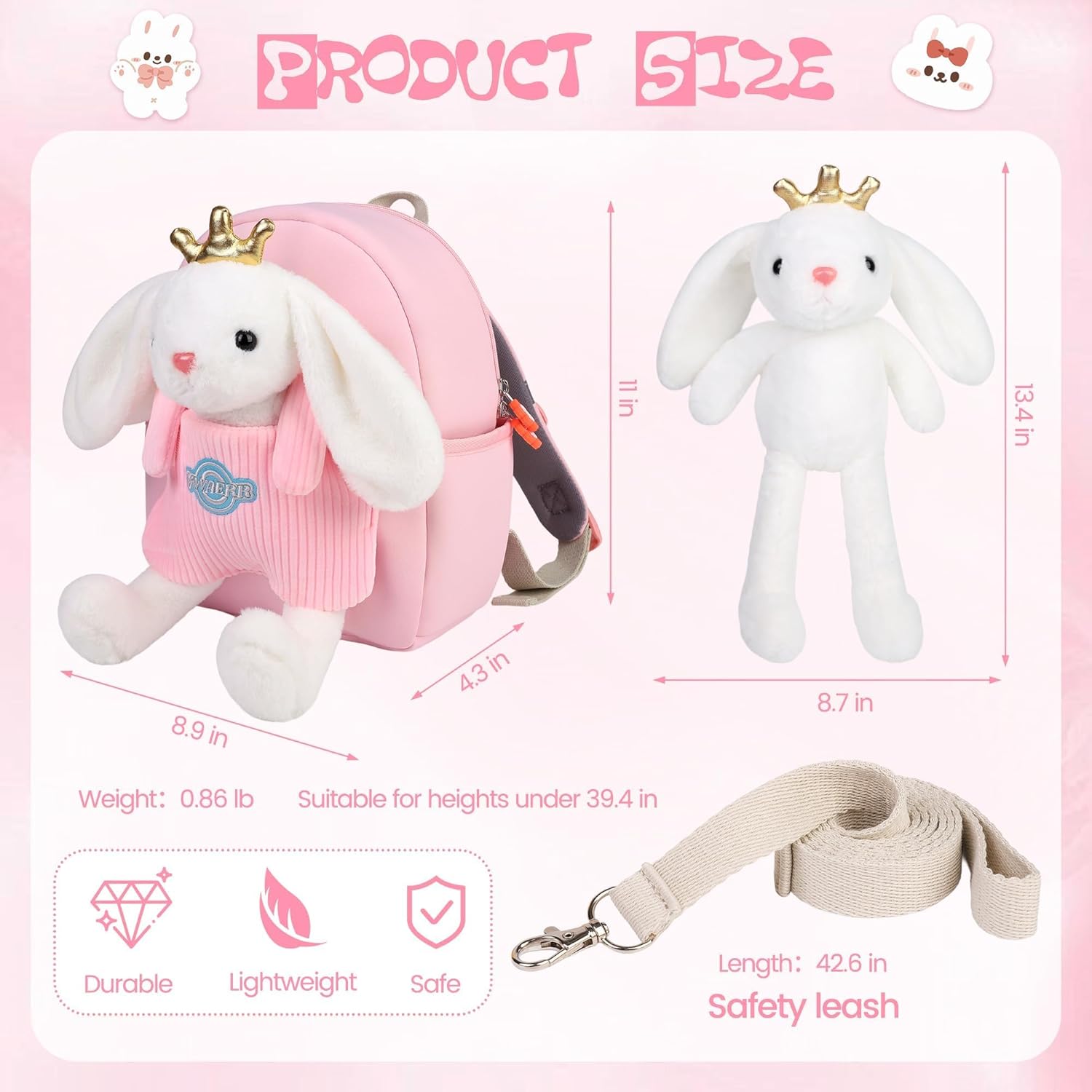Toddler Bunny Backpack Girl Birthday Gift with Detachable Bunny Dolls & Leash Preschool Backpack with Stuffed Animals for School Travel, Age 2-6 - Image 2