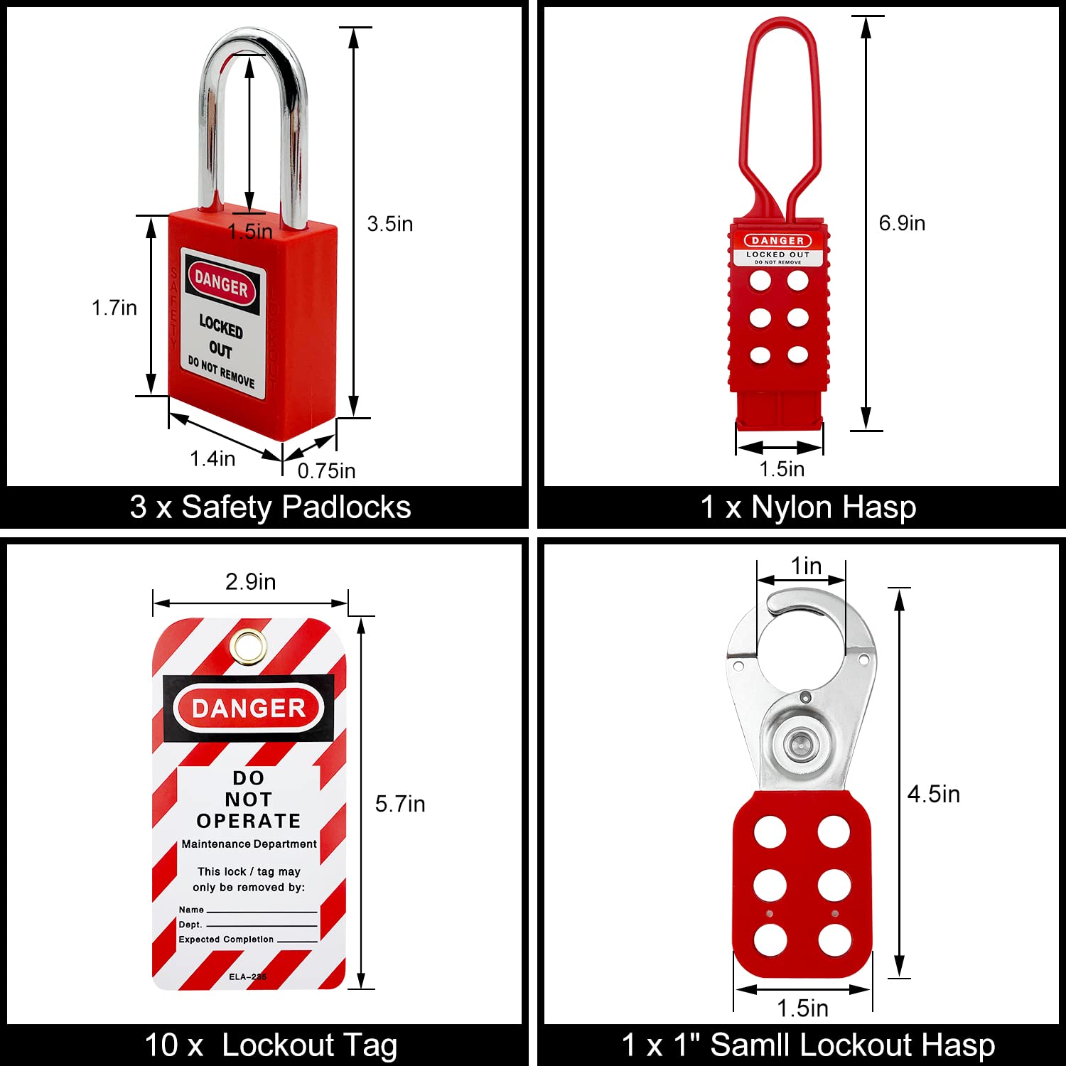 SAFBY Kit de etiquetado de bloqueo eléctrico Loto - Cerrojos de bloqueo de grupo, etiquetas de bloqueo, candados de seguridad con número, bridas de nailon con bolsa de bolsillo (kits de loto rojo)