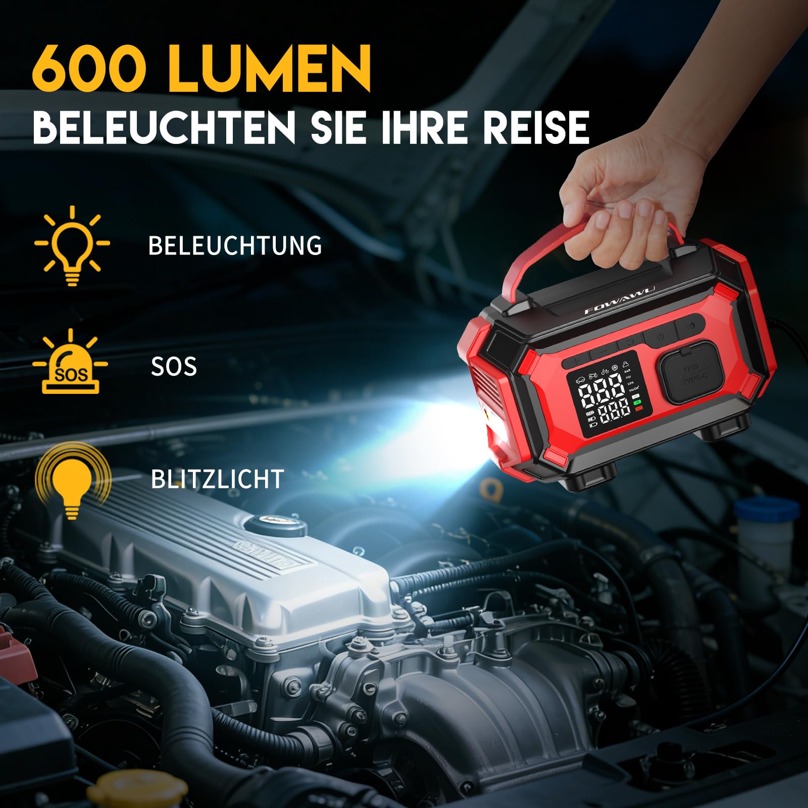 FOWAWU 8000A Starthilfe Powerbank mit Kompressor | 9-in-1 Auto Starthilfe für alle Benzin und 10L Diesel,150PSI Elektrische Luftpumpe mit Autostop Funktion,für Auto, Motorrad