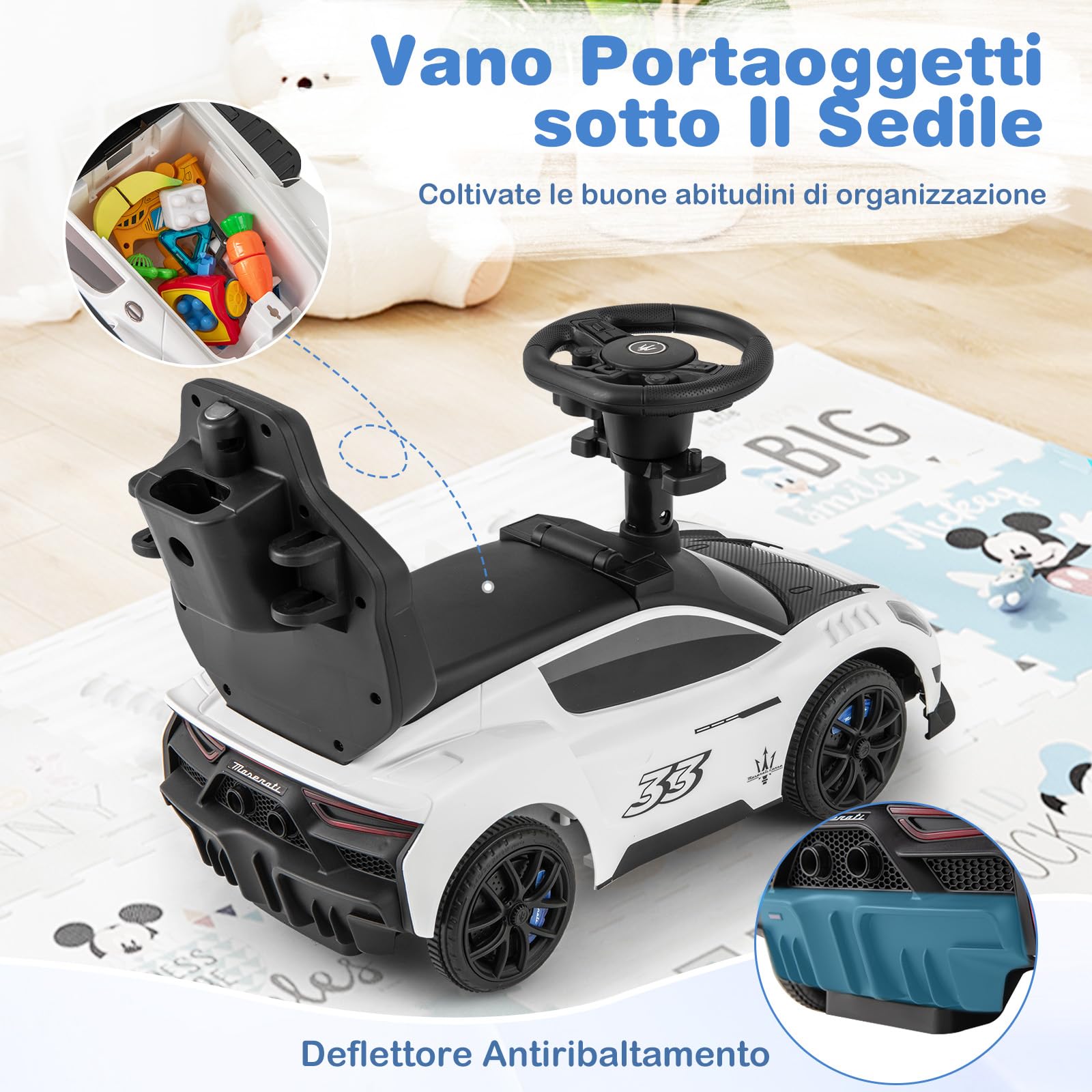 COSTWAY 3 in 1 Maserati Auto da Spinta, Auto Scorrevole con 2 Ruote Universali Volante Musicale Paracolpi e Manubrio, Macchina Cavalcabile con Ripostiglio per Bambini 18-60 Mesi (Bianco)