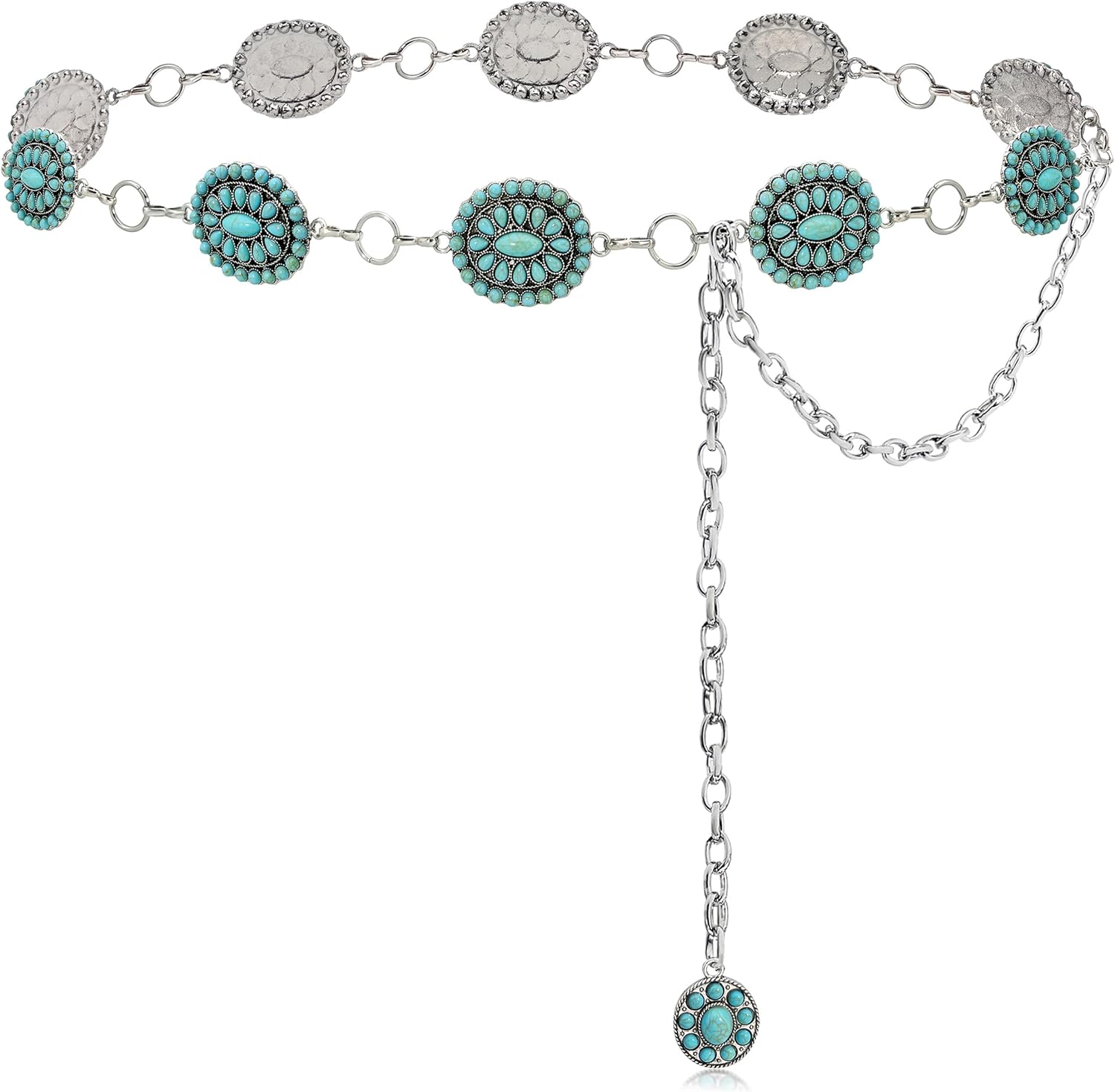 Western Turquoise Concho Belt Silver Cowgirl Chain Belt for Women Boho Accessoires for Dresses