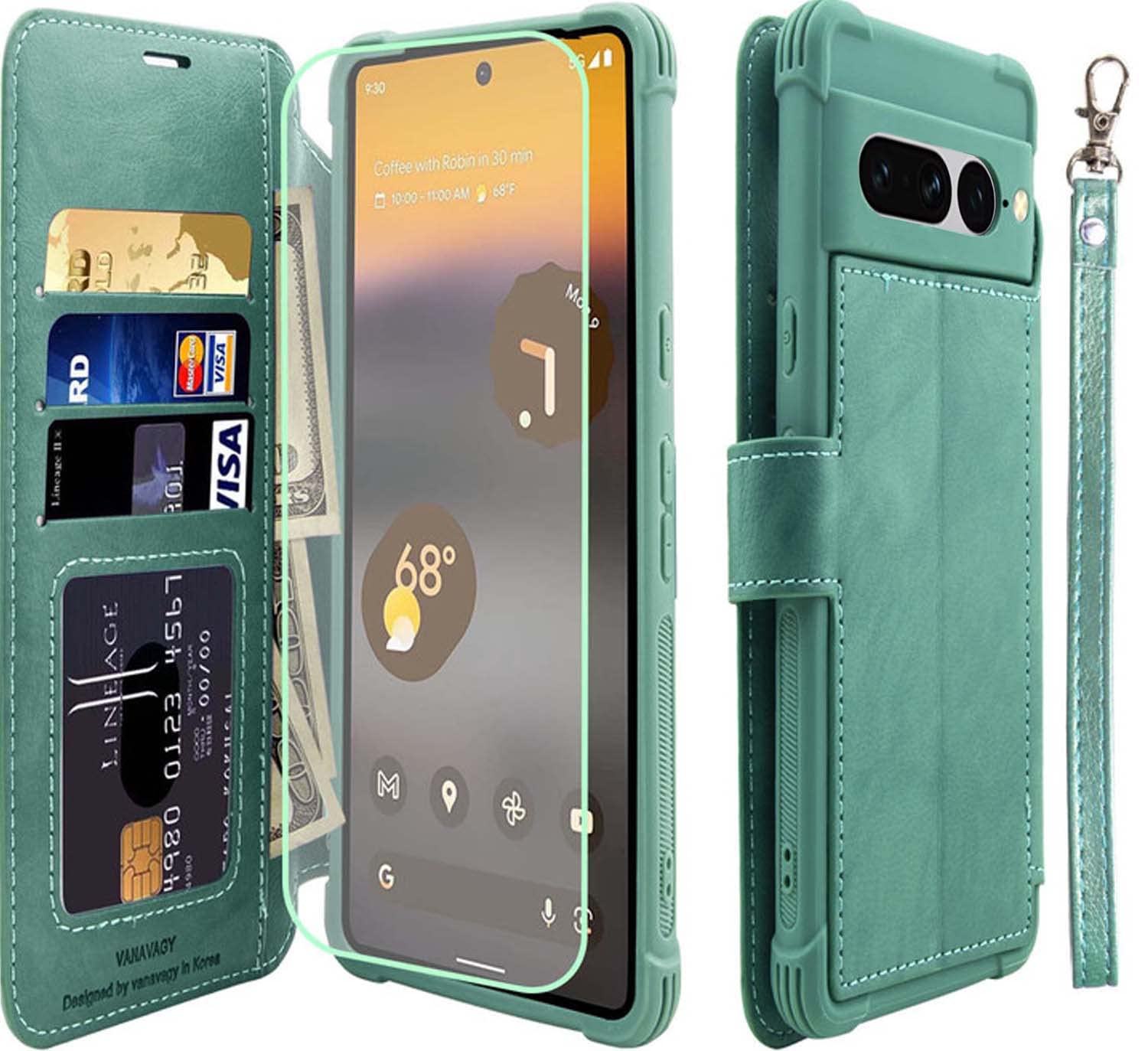 VANAVAGY Wallet Case Compatible for Google Pixel 7 Pro for Women Men,RFID Flip Leather Cover with Wrist Supports Wireless ...