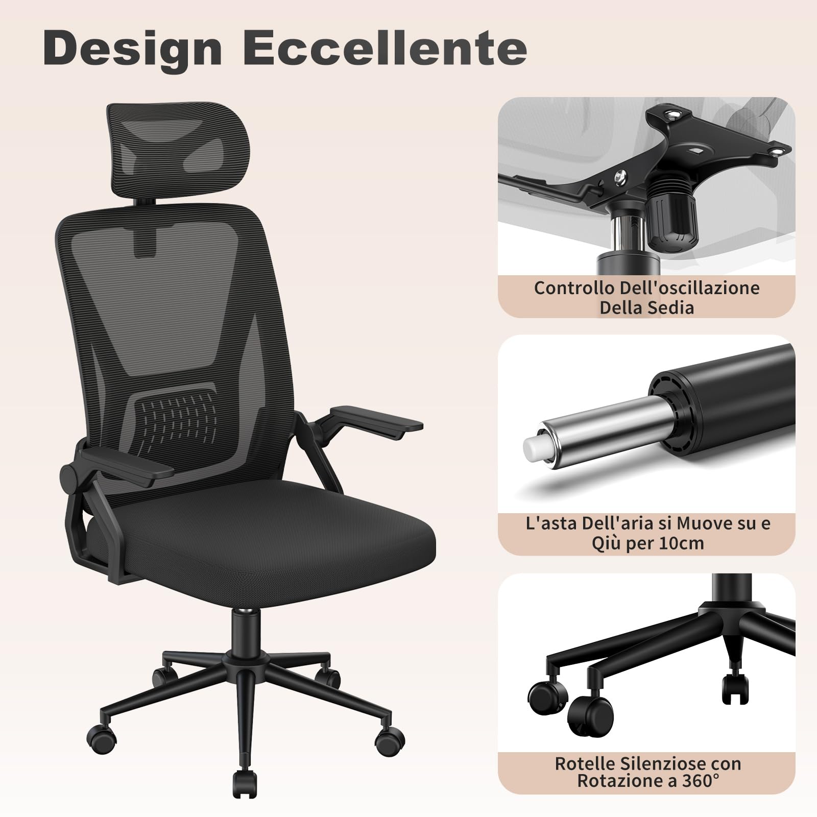 naspaluro Sedia da Ufficio,Con Braccioli Ribaltabili a 90°,Sedie Scrivania Ergonomica Lombare, Con Poggiatesta, Rivestimento in Rete Traspirante, Sedia Girevole a 360° Con Funzione Swing,Nero