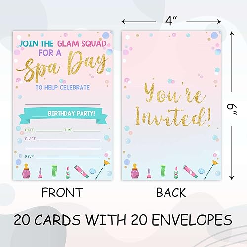 Miniatura 2 de 20 invitaciones de cumpleaños para el día de spa con sobres, relleno de maquillaje, tarjetas de invitación de cumpleaños para niñas, adolescentes,